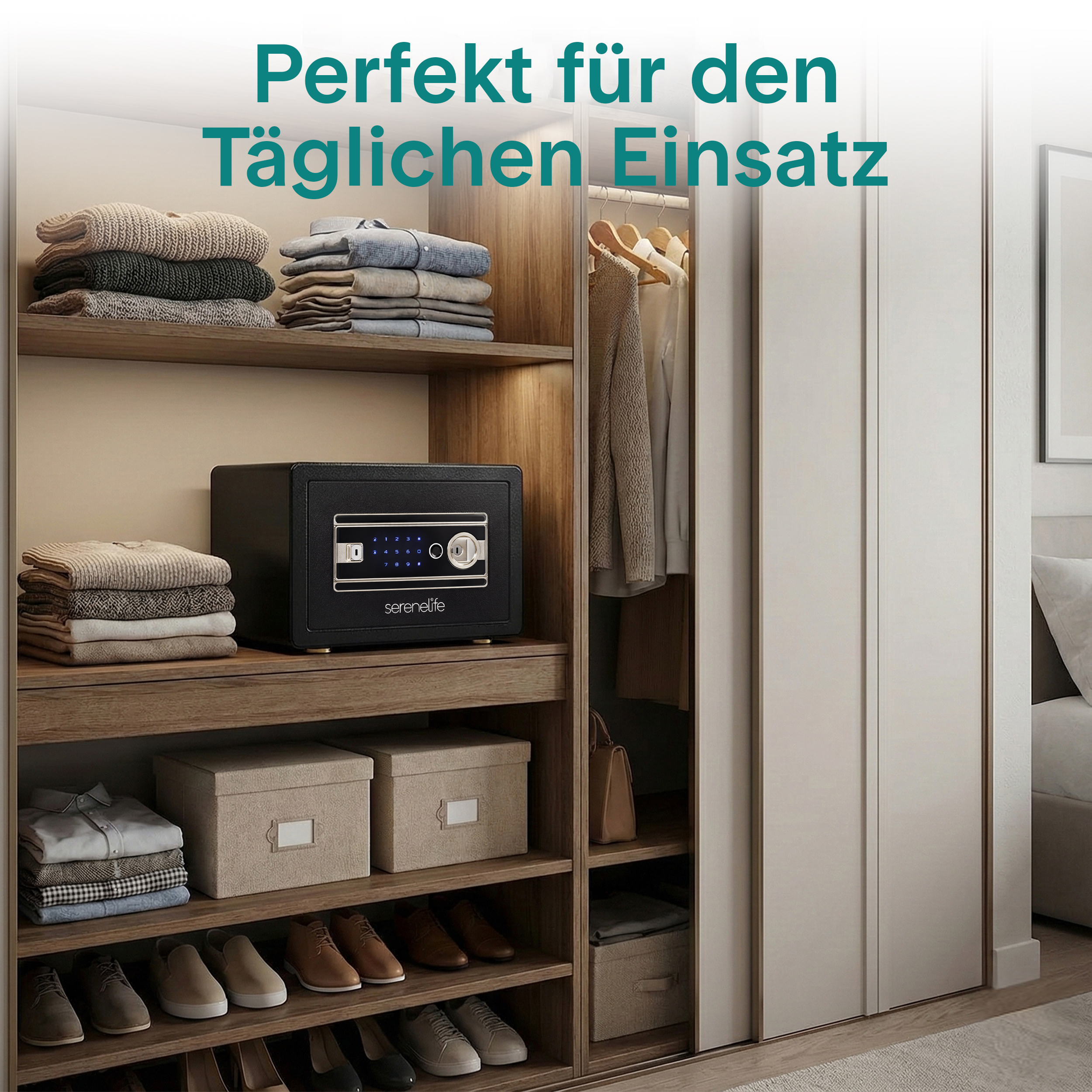 Ein schwarzer Safe steht auf einem Regal neben gestapelten Kleidungsstücken und Aufbewahrungsboxen.