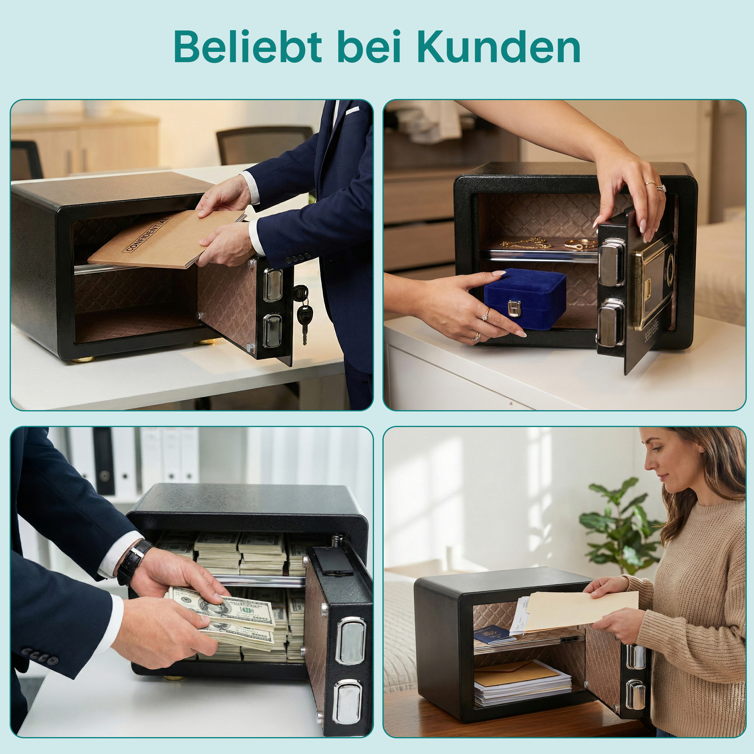 Vier Bilder zeigen Safes: Dokumente, Schmuck, Geld und Pässe werden verstaut.