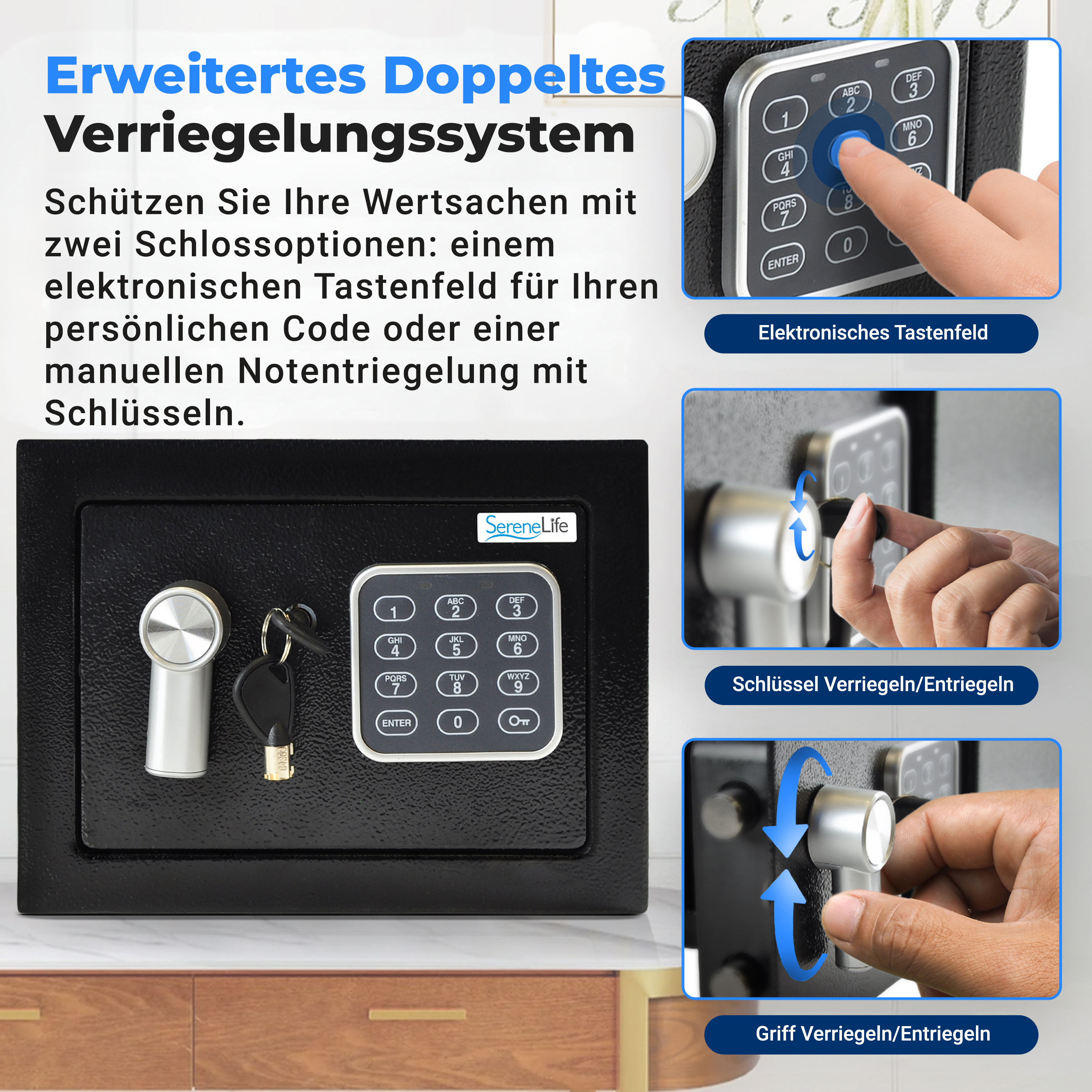 Ein schwarzer Safe mit Schlüsselschloss und digitalem Tastenfeld.