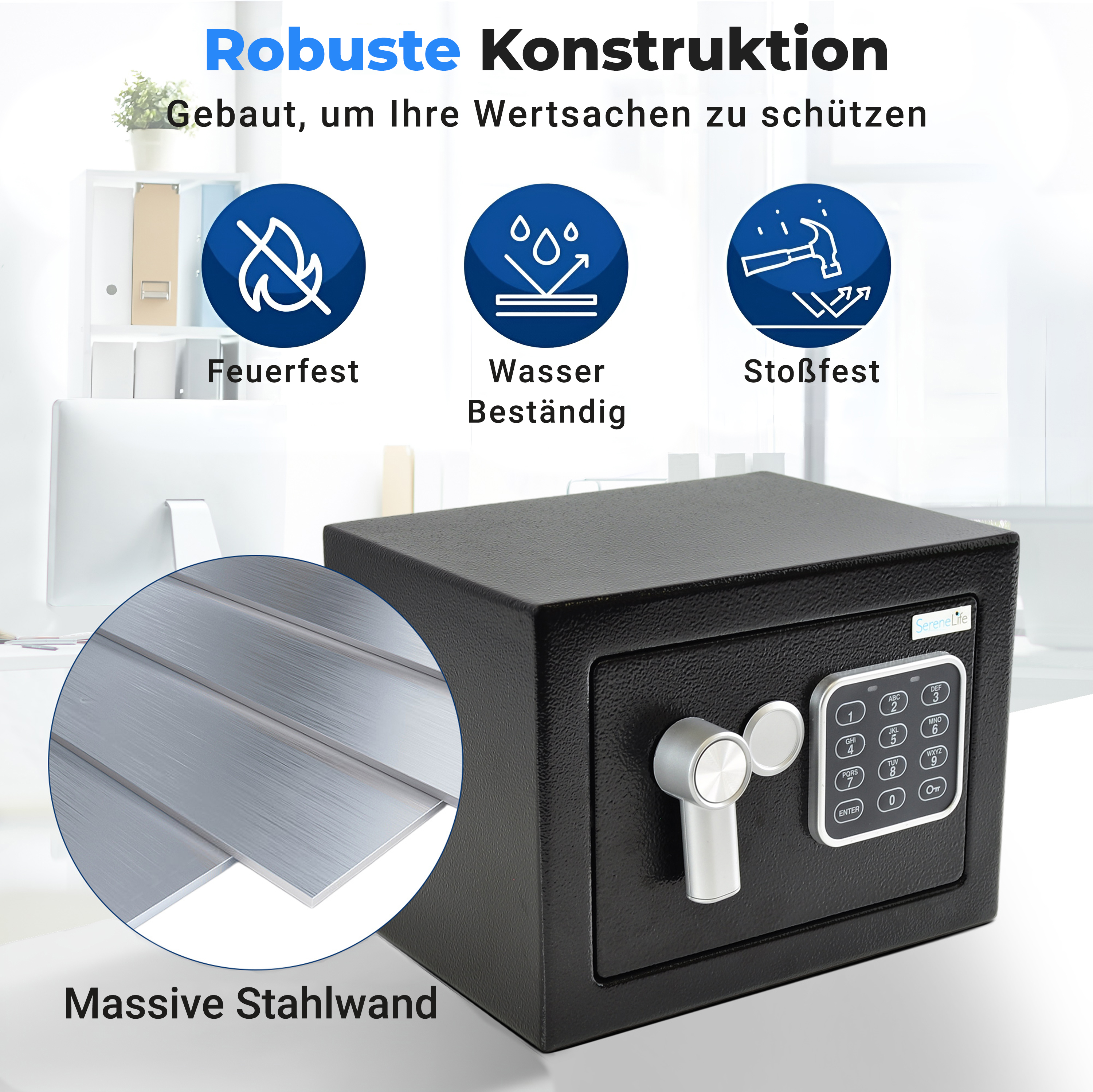 Schwarze Safebox mit digitaler Tastatur, wasser-, feuer- und stoßfest.