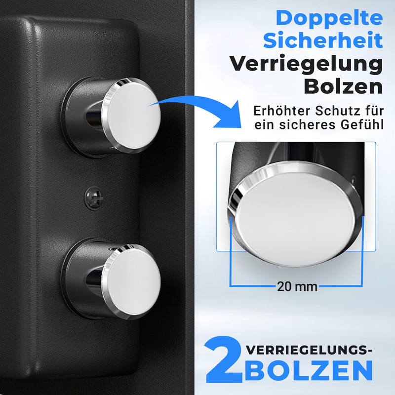 Zwei silberne Bolzen an einer schwarzen Oberfläche, mit Text über Sicherheit.