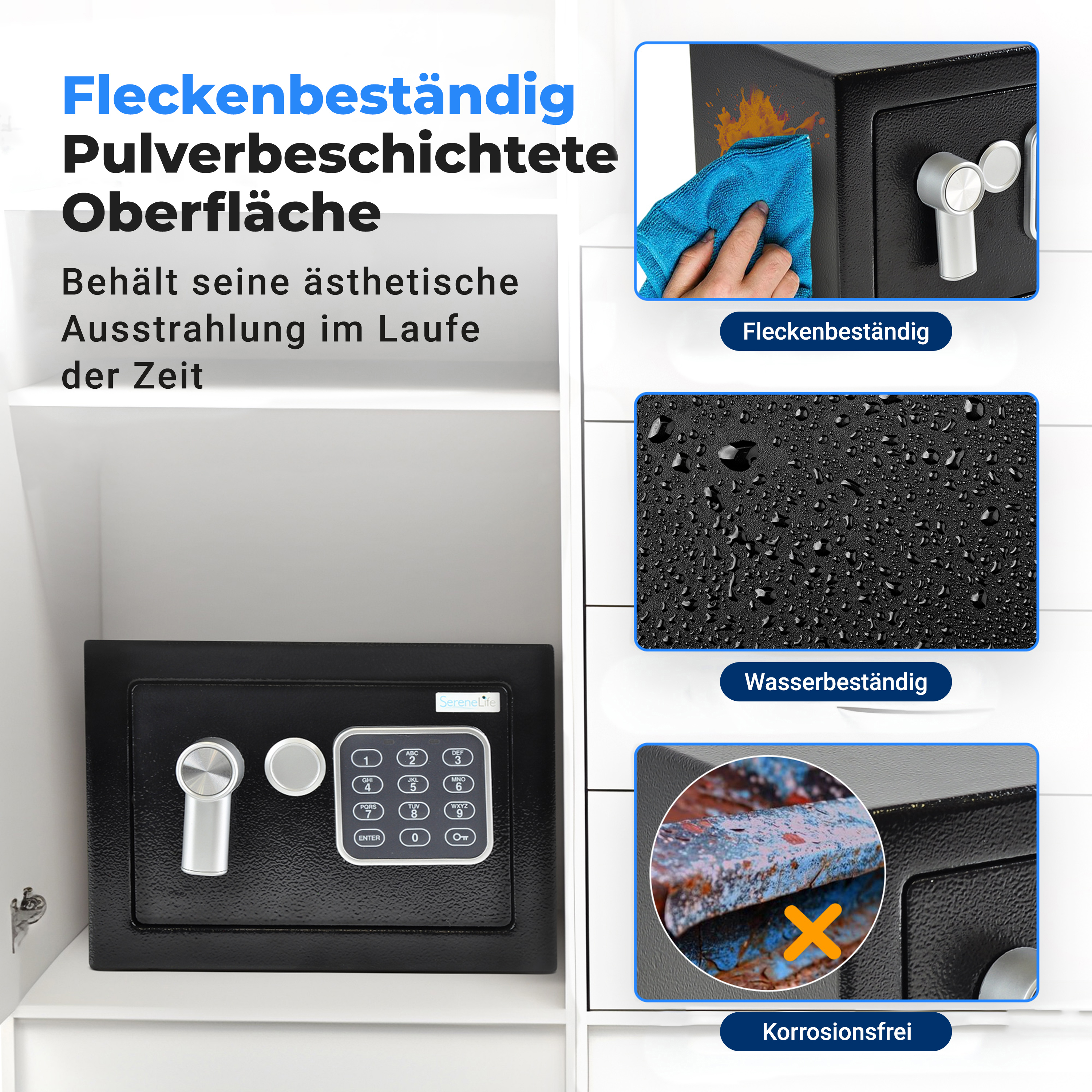 Schwarzer Safekörper mit digitaler Tastatur und Griff. Daneben Bilder von Fleckenresistenz, Wasserresistenz und Korrosionsschutz.