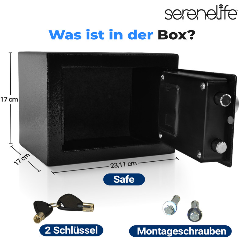 Ein offener schwarzer Safe mit Maßen, zwei Schlüsseln und Montage schrauben.