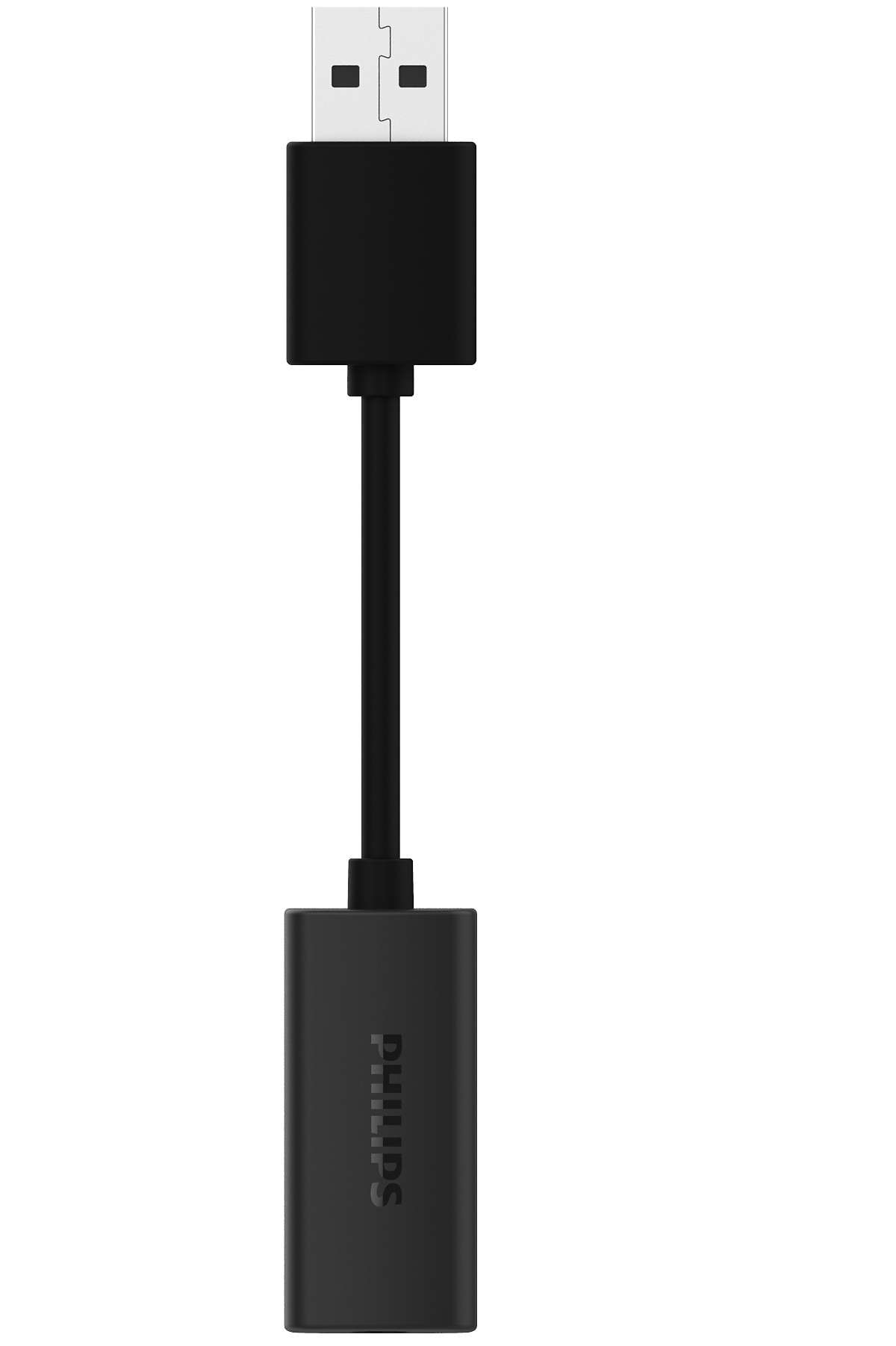 Kabloyla bağlı siyah USB adaptörü dikey duruyor.
