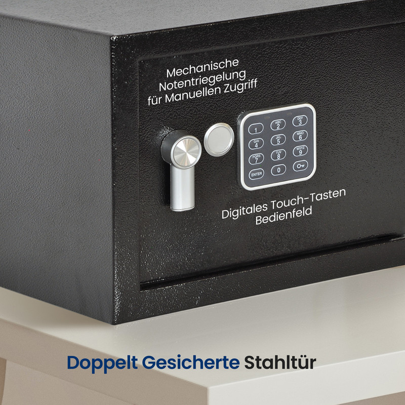 Schwarzer Safe mit mechanischer Notentriegelung, digitalem Tastenfeld und Aufschrift.