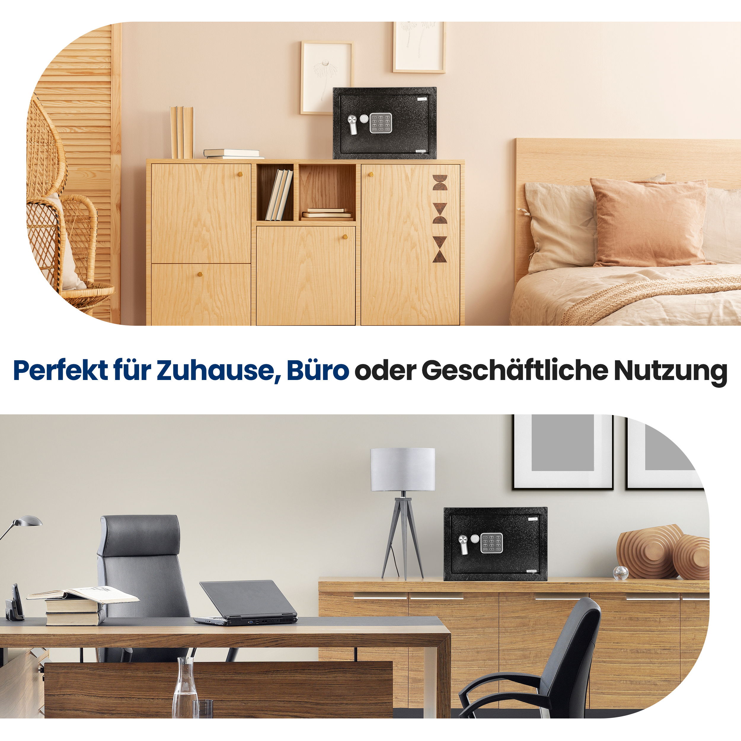 Ein schwarzer Safe auf einem Holzschrank neben einem Bett und ein weiterer Safe auf einem Schreibtisch.