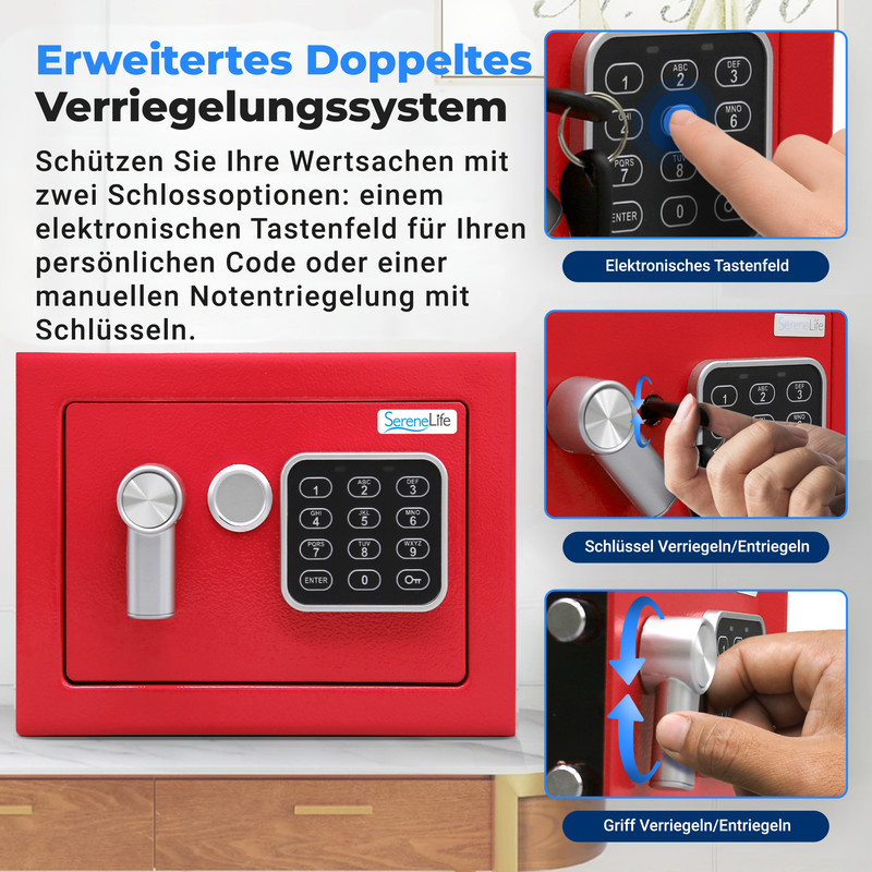 Roter Safe mit elektronischem Tastenfeld und Schlüsselverriegelung, detaillierte Ansichten.
