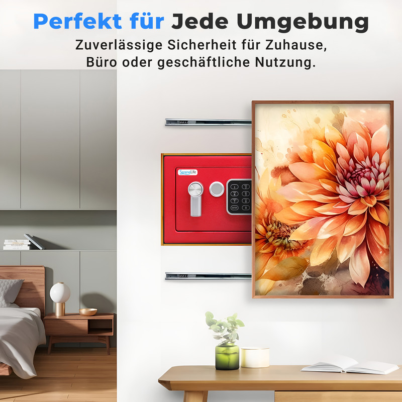 Ein rotes Sicherheitsschließfach neben einem Gemälde mit Blumen.