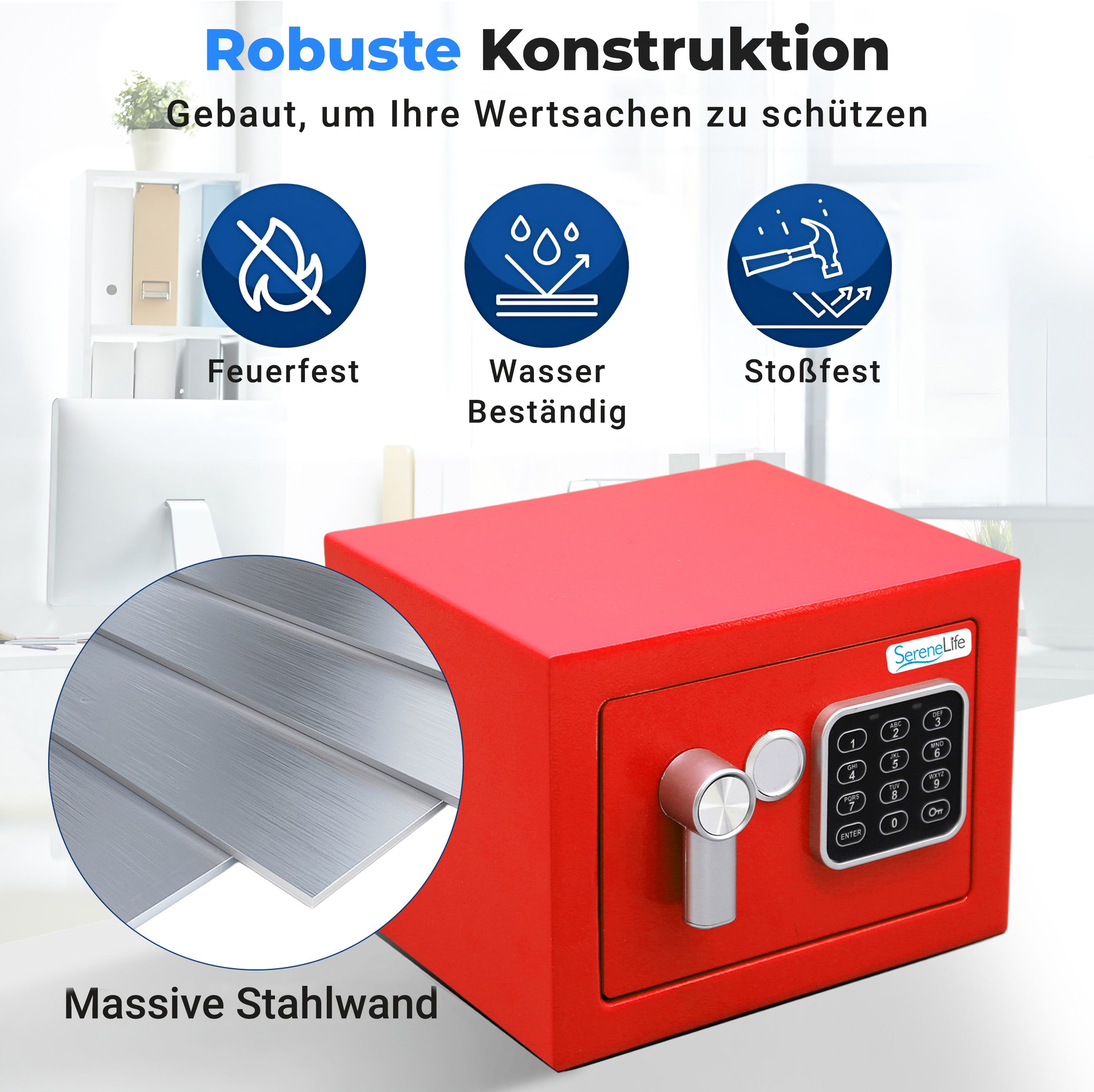 Roter Tresor mit digitalem Schloss, feuer-, wasser- und stoßfest.