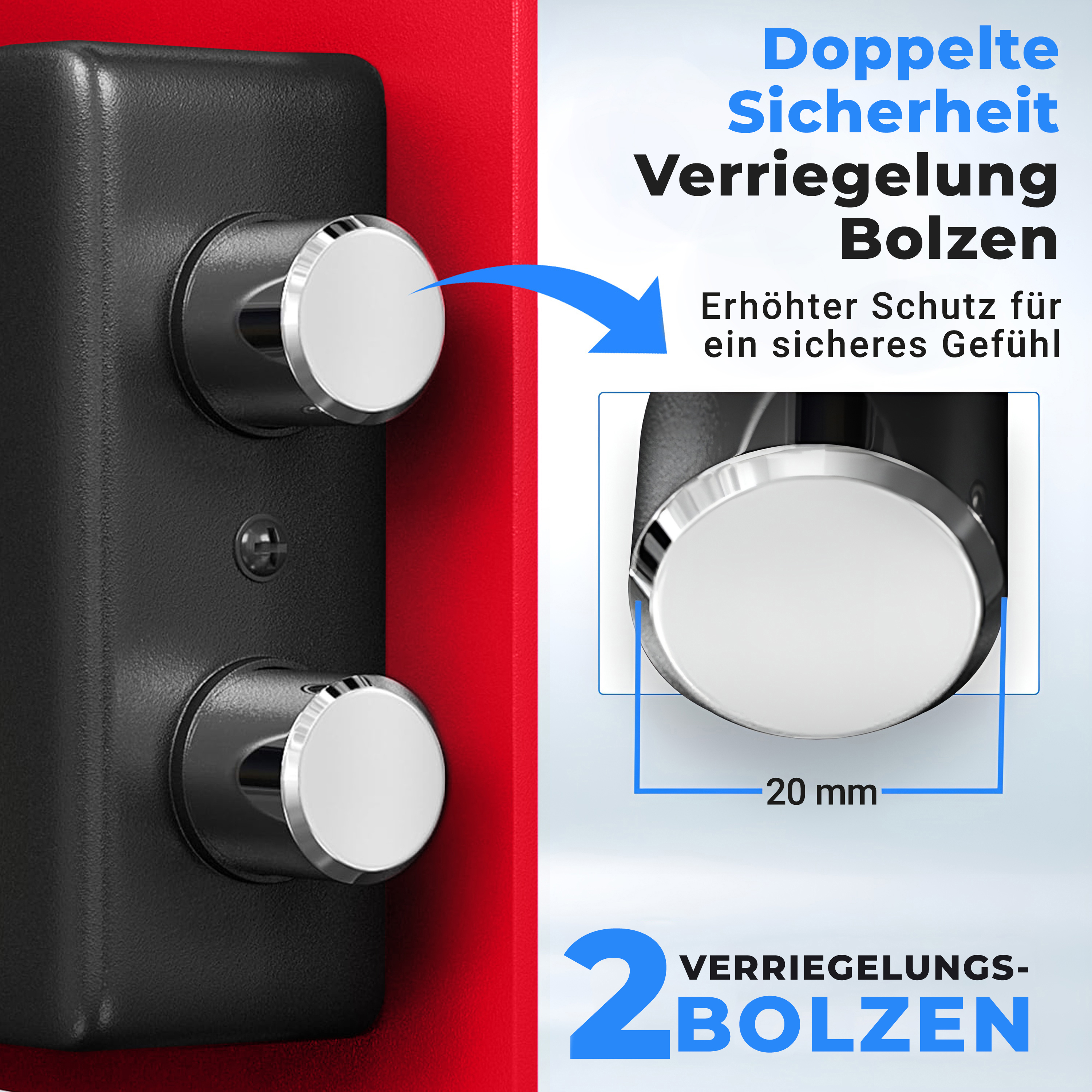 Zwei 20mm Verriegelungsbolzen an einem roten Gehäuse für doppelte Sicherheit.
