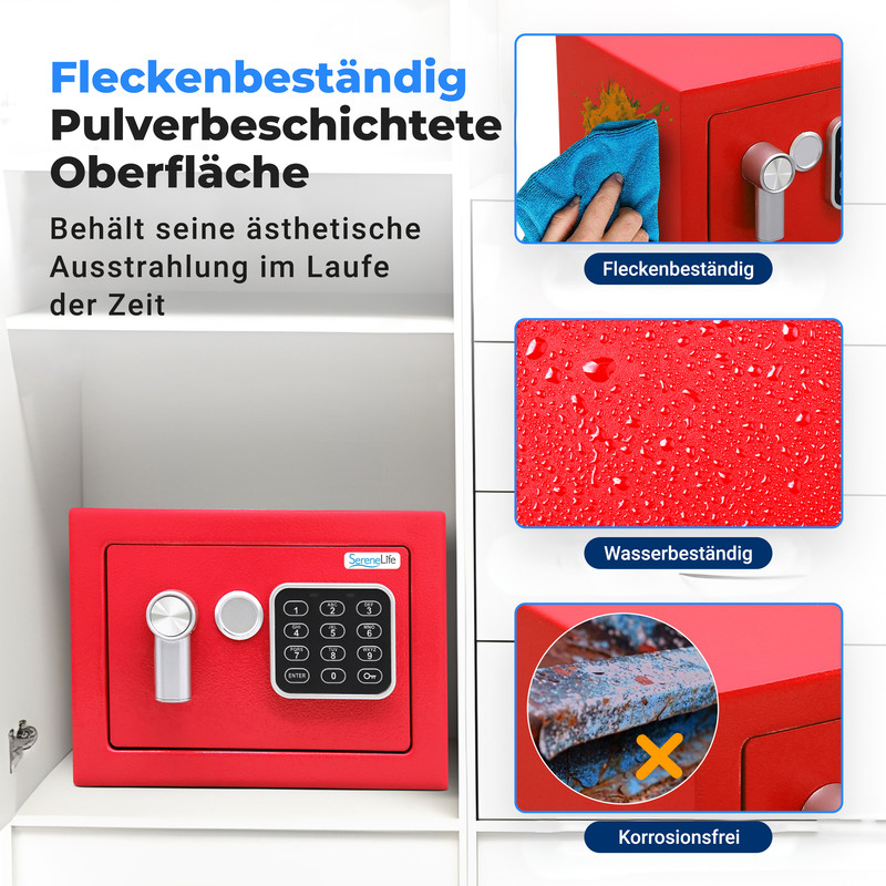 Roter Safe mit Zahlencode und Griff, daneben Bilder von Fleckenentfernung, Wassertropfen und Korrosion.