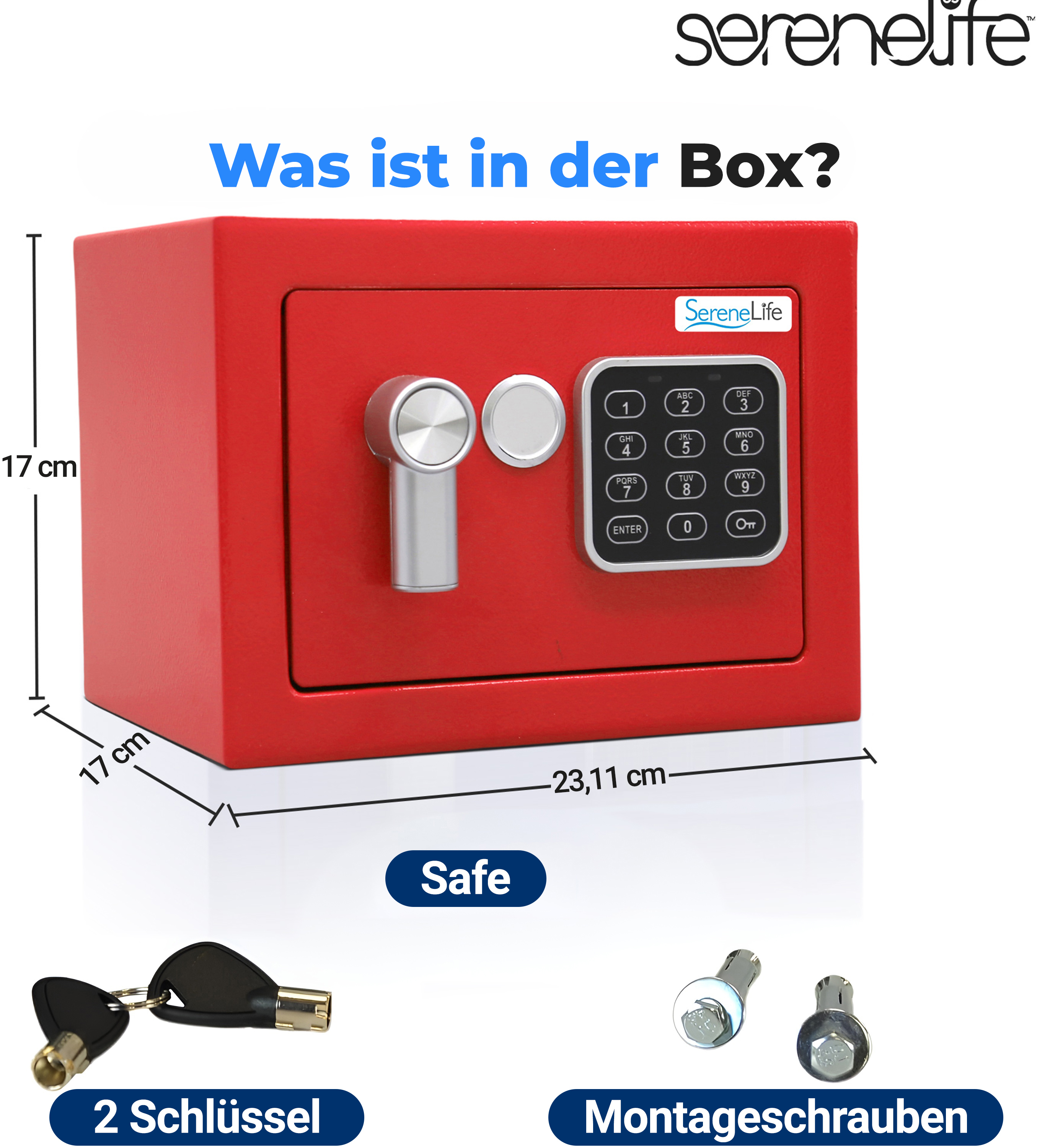 Ein roter Safe mit Zahlencode, Griff, zwei Schlüsseln und Montageschrauben.