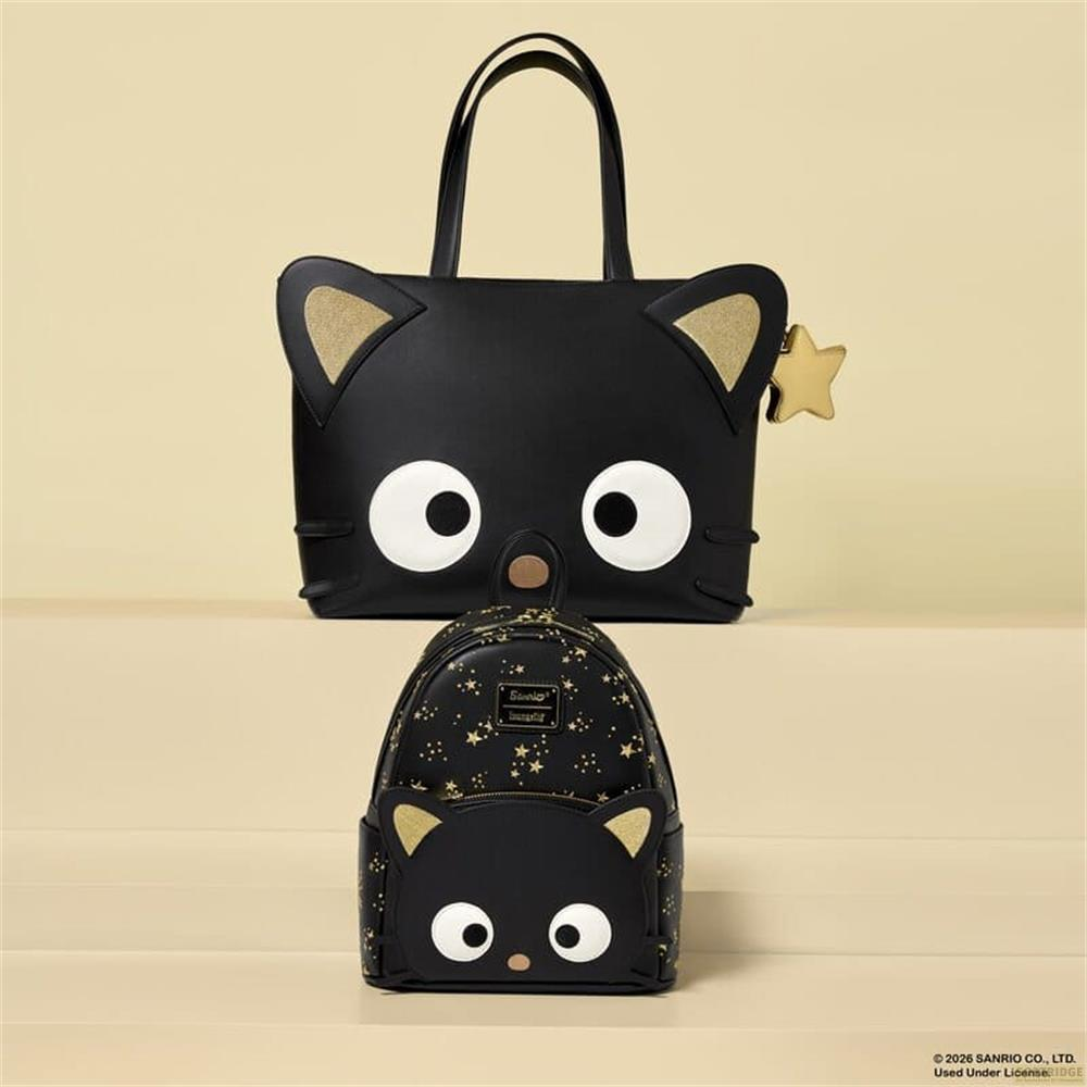 Schwarze Katzentasche und Rucksack mit Sternenmuster und goldenen Ohren.