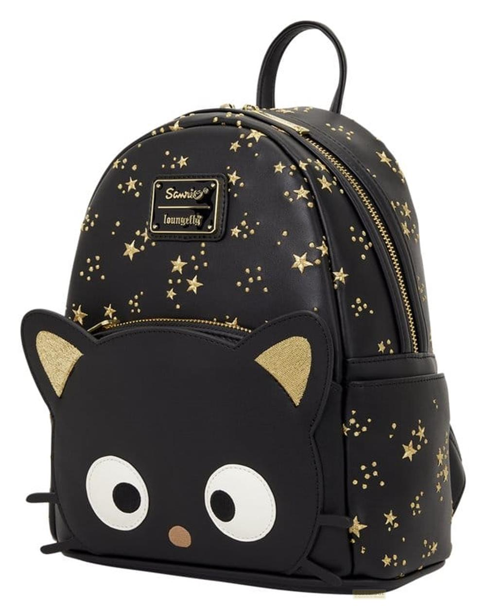 Schwarzer Rucksack mit Sternenmuster und Katzenmotiv.