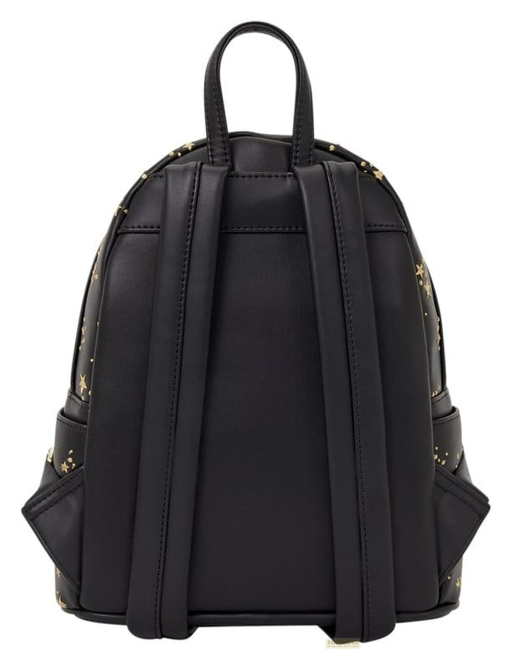 Schwarzer Rucksack mit Sternenmuster und zwei Riemen.