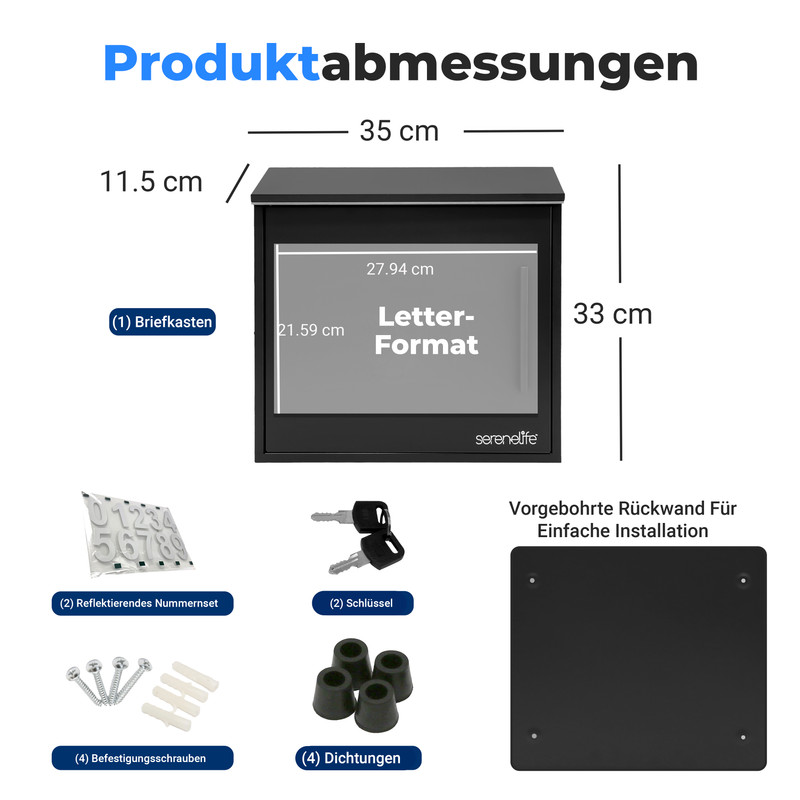 Produktabmessungen eines Briefkastens mit Maßen 35x33x11.5cm, inklusive Zubehör.