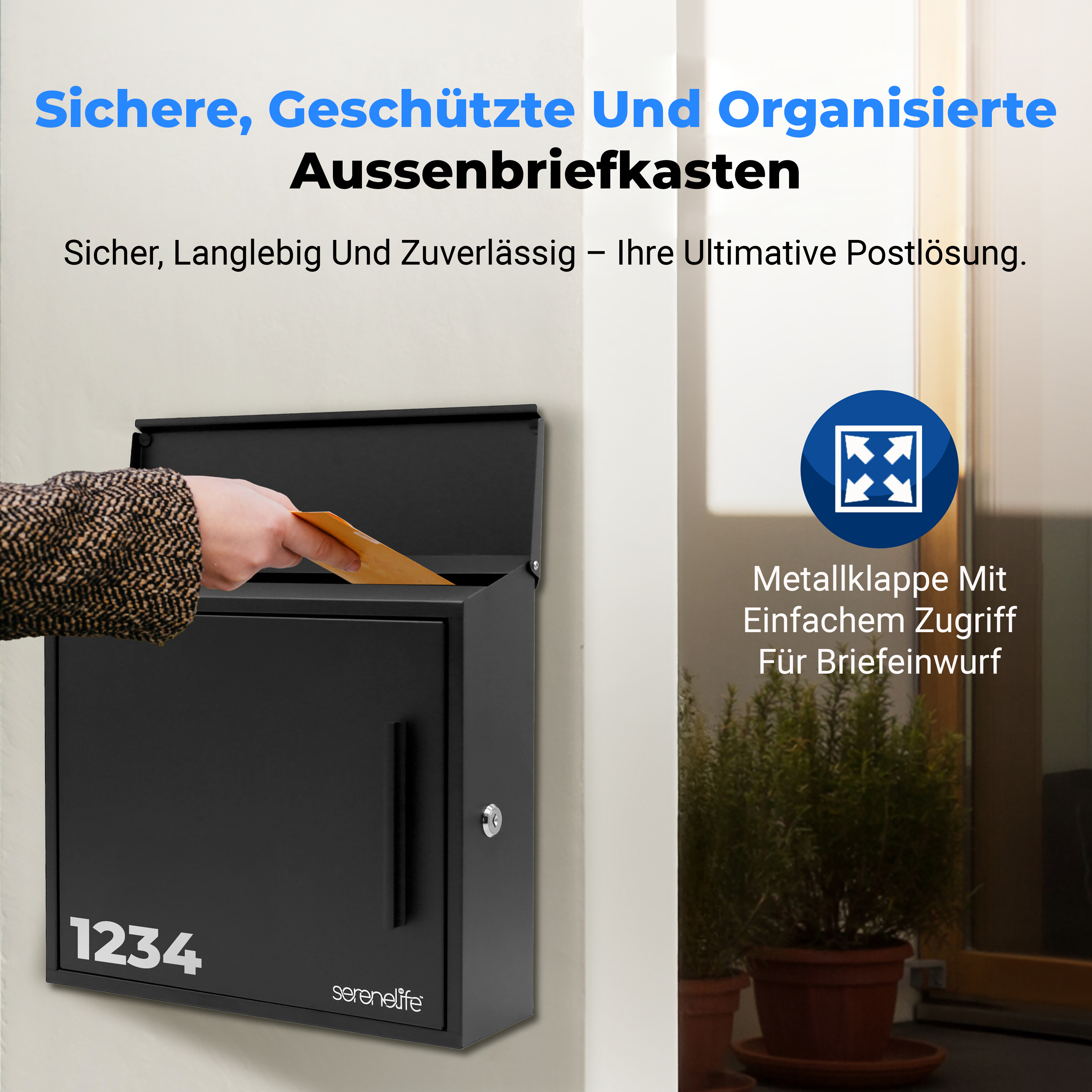 Schwarzer Briefkasten mit Hausnummer 1234, Person wirft Brief ein.