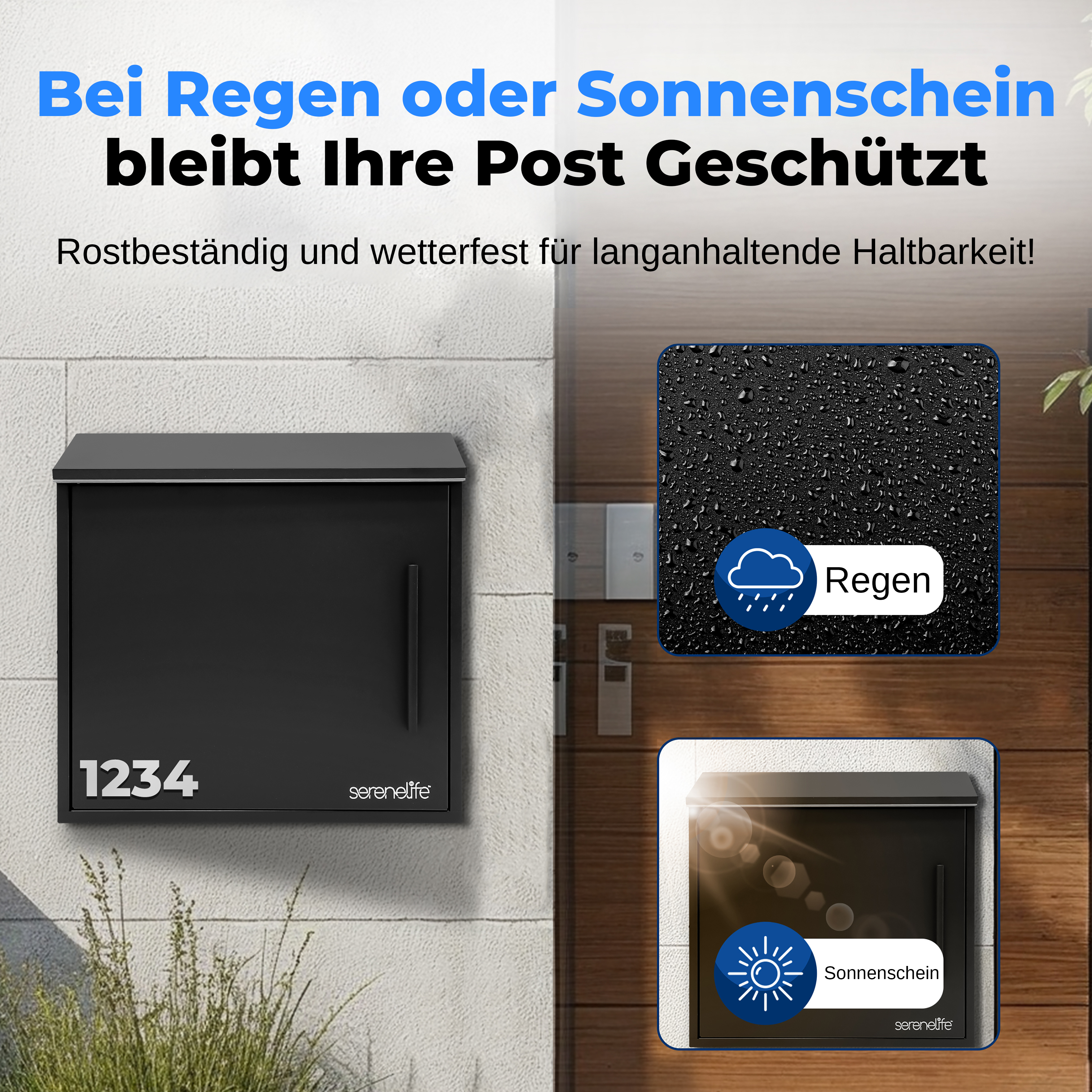 Schwarzer Briefkasten mit Hausnummer 1234 und Beschriftung 'Regen'/'Sonnenschein'.