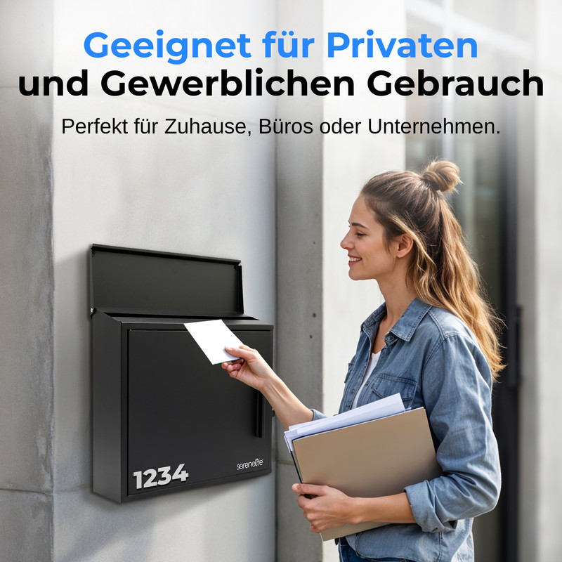 Eine Frau legt einen Brief in einen schwarzen Briefkasten mit der Hausnummer 1234.
