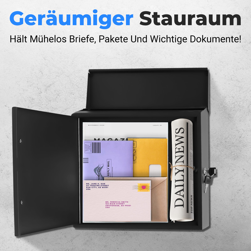 Ein schwarzer Briefkasten mit geöffneter Klappe zeigt Briefe, eine Zeitung und eine Zeitschrift.