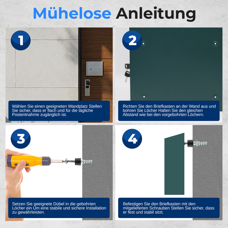 Schritt-für-Schritt-Anleitung zur Montage eines Briefkastens an der Wand.
