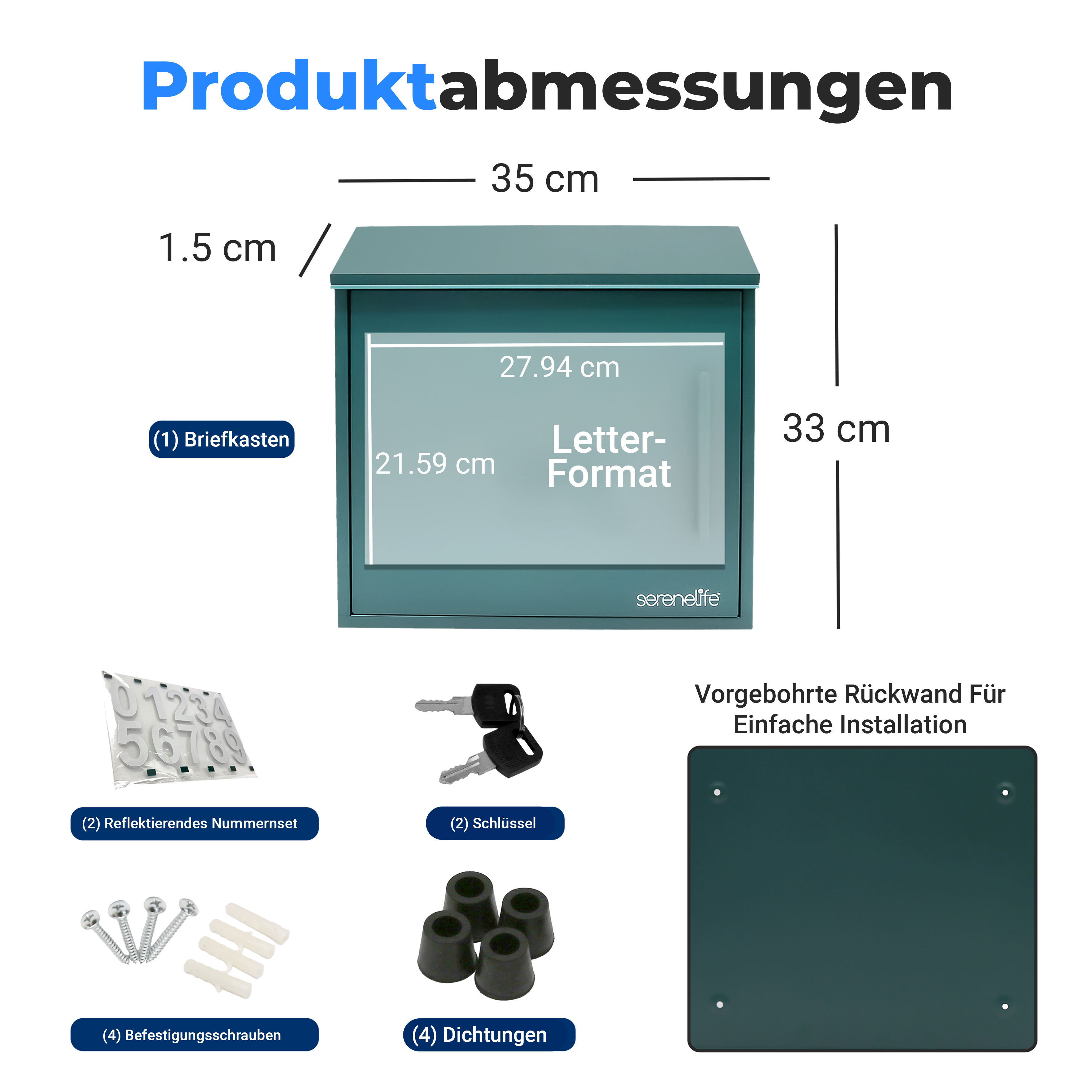Maße eines Briefkastens mit Zubehör: Schlüssel, Schrauben, Dichtungen.