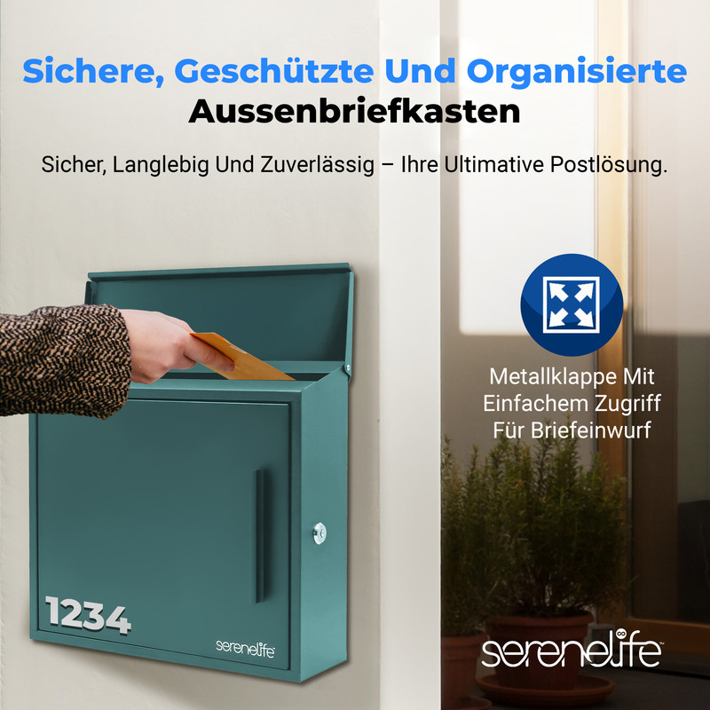 Eine Hand wirft einen Brief in einen dunkelgrünen Briefkasten mit der Nummer 1234.