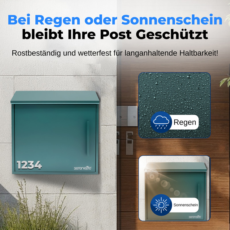 Grüner Briefkasten mit Hausnummer 1234, wetterfest bei Regen und Sonnenschein.