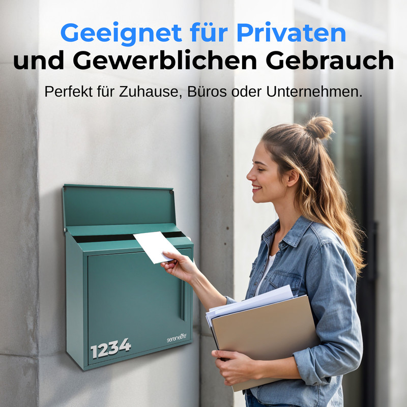 Eine Frau steckt einen Brief in einen grünen Briefkasten.