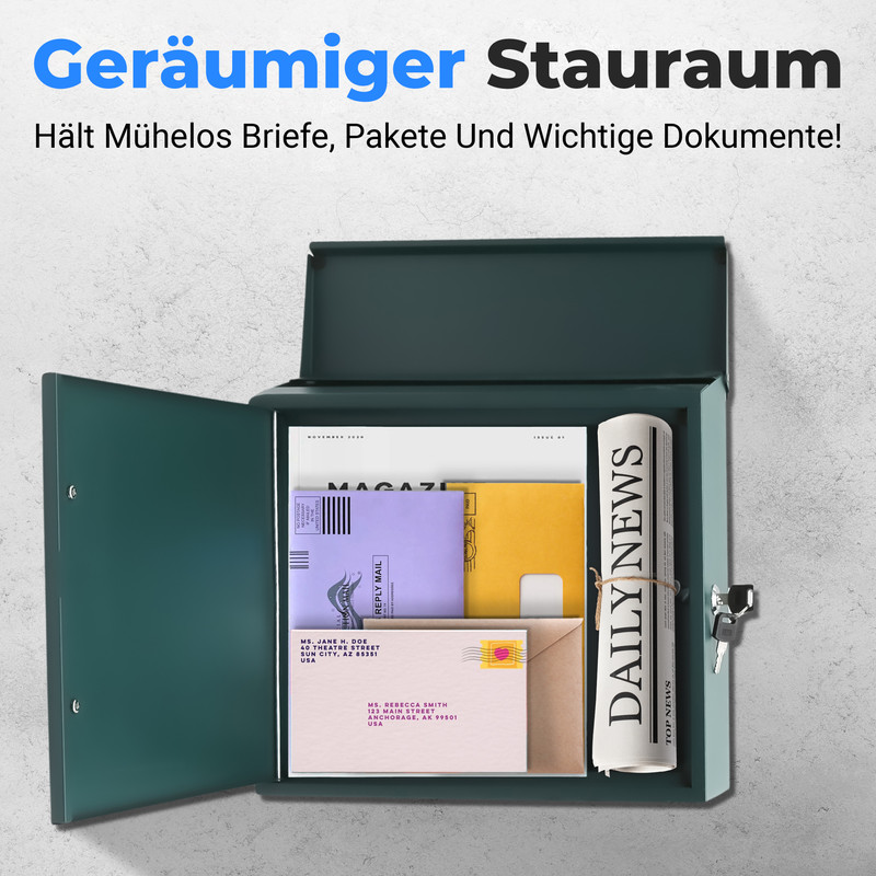 Ein grüner Briefkasten ist geöffnet und enthält Briefe, eine Zeitung und ein Magazin.