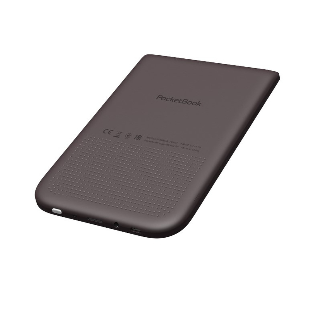 Rückseite eines dunklen E-Readers mit aufgedruckten Logos und Modellnummern.