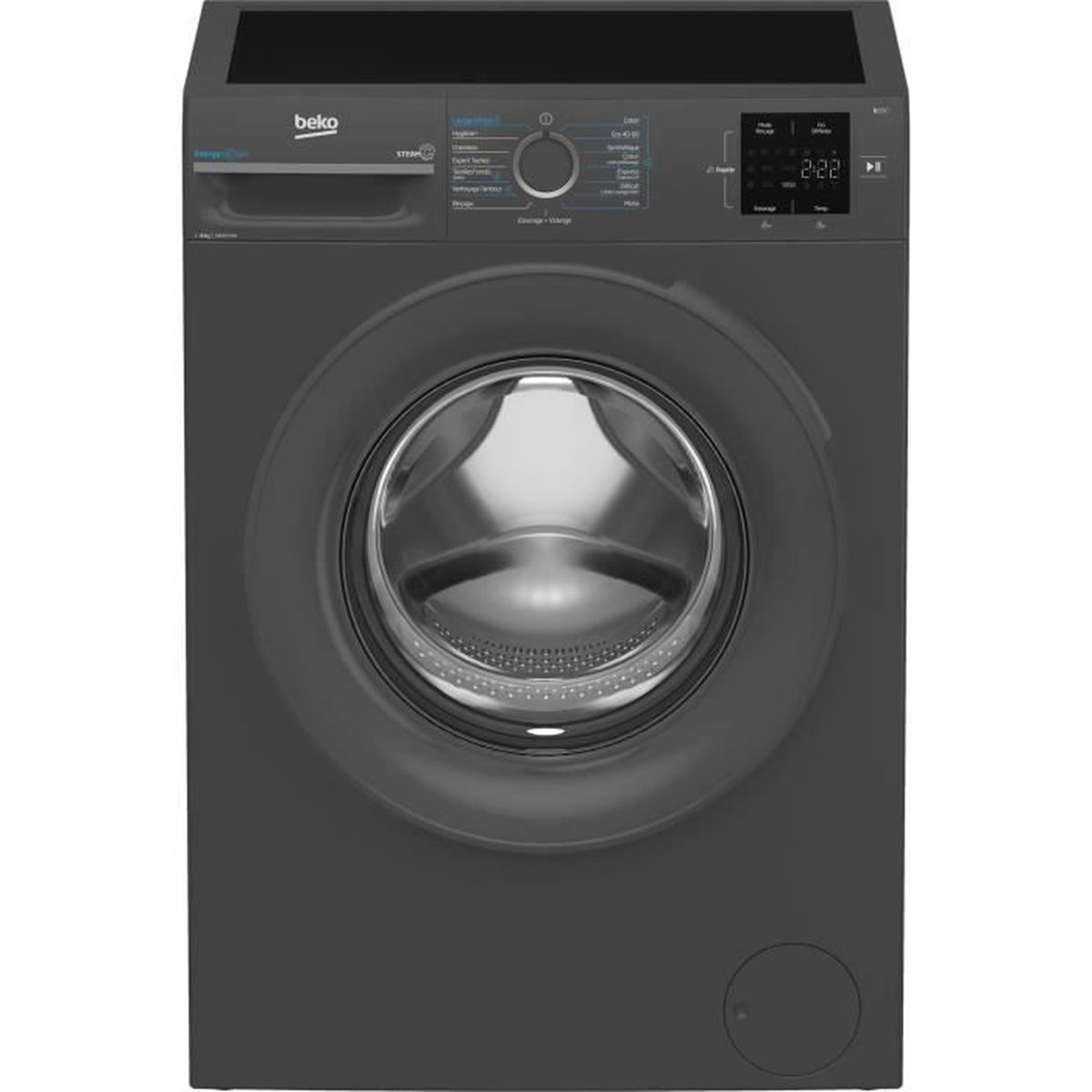 Dunkelgraue Beko Waschmaschine mit digitaler Anzeige und runder Tür.