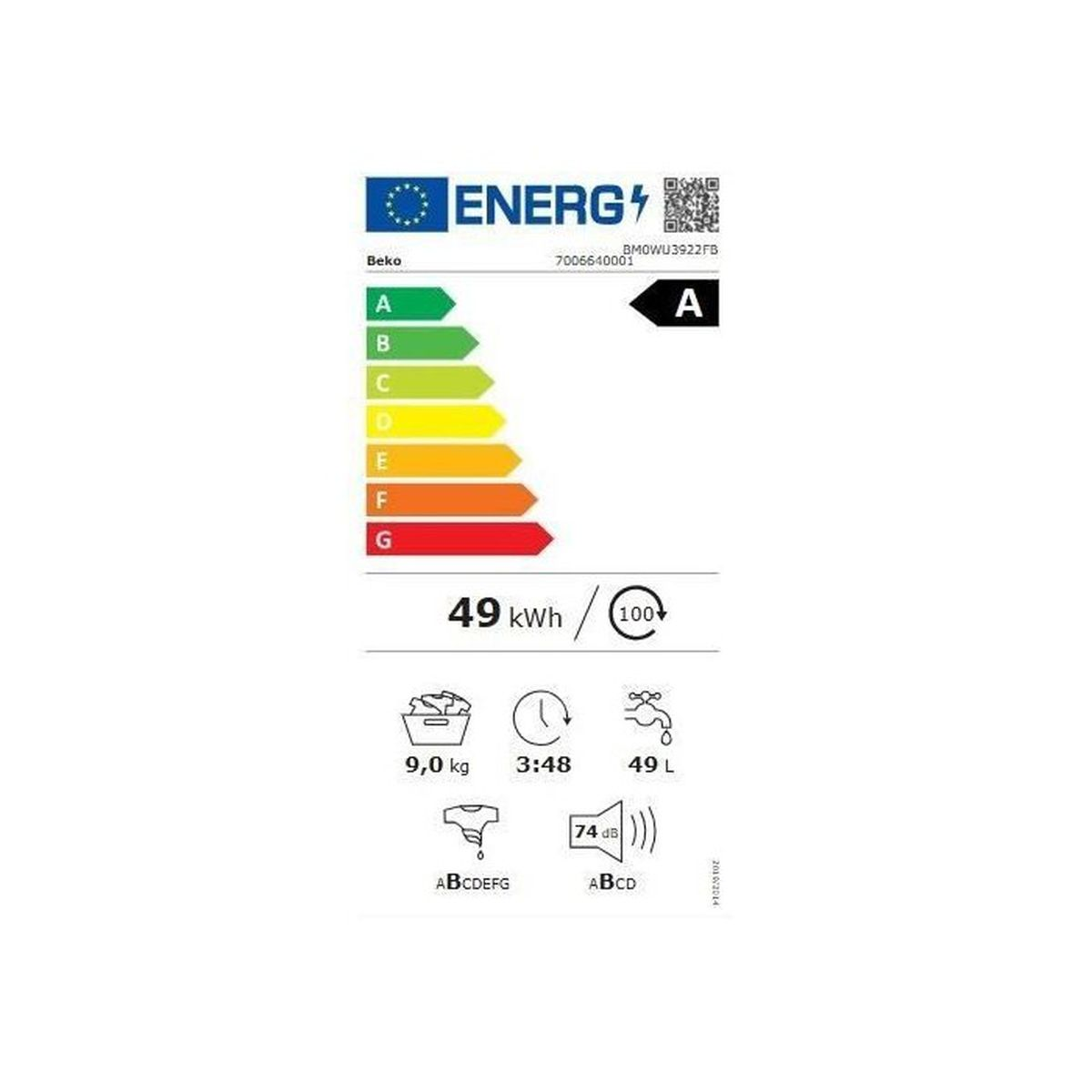 Energieeffizienzlabel: Klasse A, 49 kWh/100 Zyklen, 9 kg, 3:48h, 49L, 74dB.