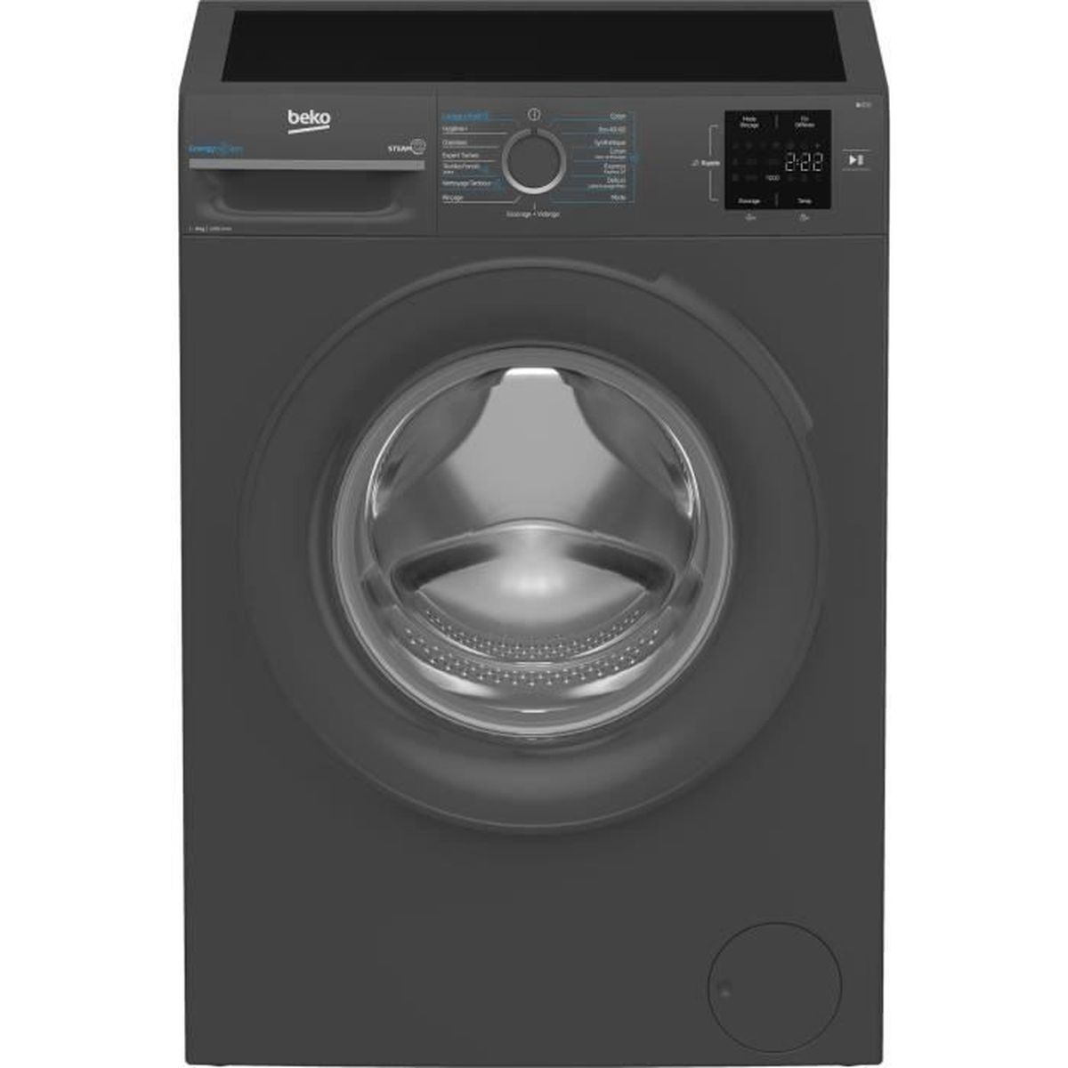 Eine dunkle Waschmaschine mit einem runden Bullauge und einem Bedienfeld.