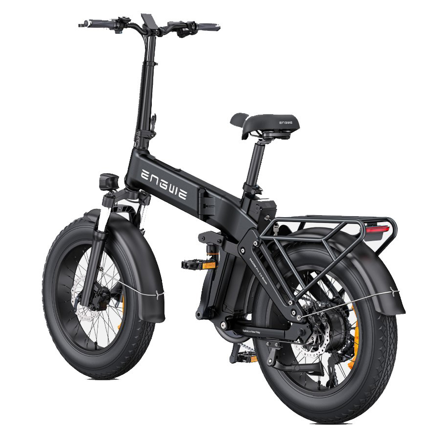 Schwarzes faltbares E-Bike mit fetten Reifen, Gepäckträger und Vorderlicht.