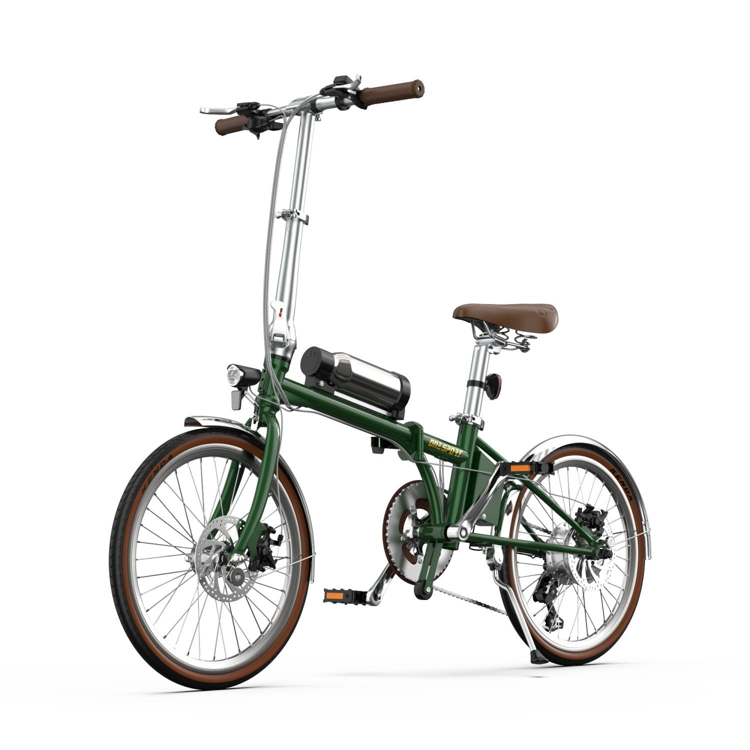 Ein dunkelgrünes Klappfahrrad mit braunen Griffen und Sattel steht auf weißem Hintergrund.