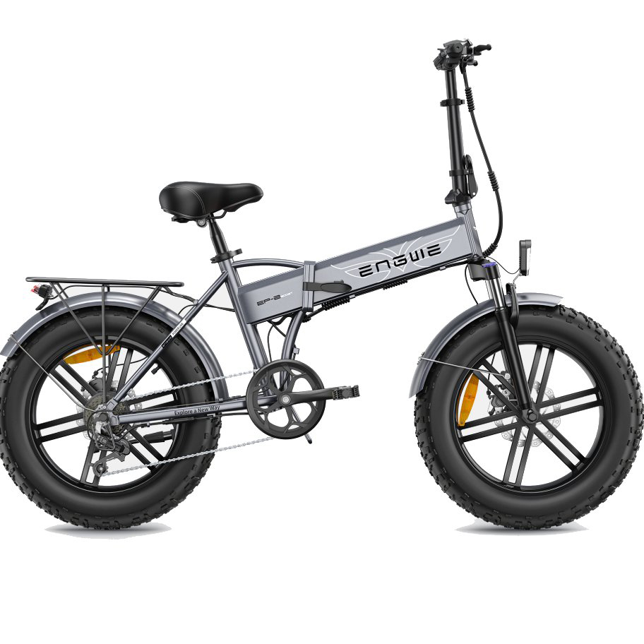 Graues faltbares E-Bike mit breiten Reifen und Gepäckträger, weißer Hintergrund.