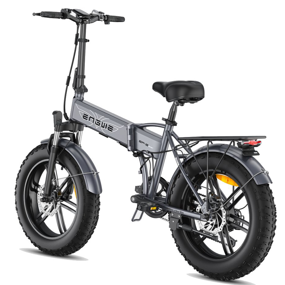 Ein graues, faltbares E-Bike mit dicken Reifen, Gepäckträger und Vorderfederung.