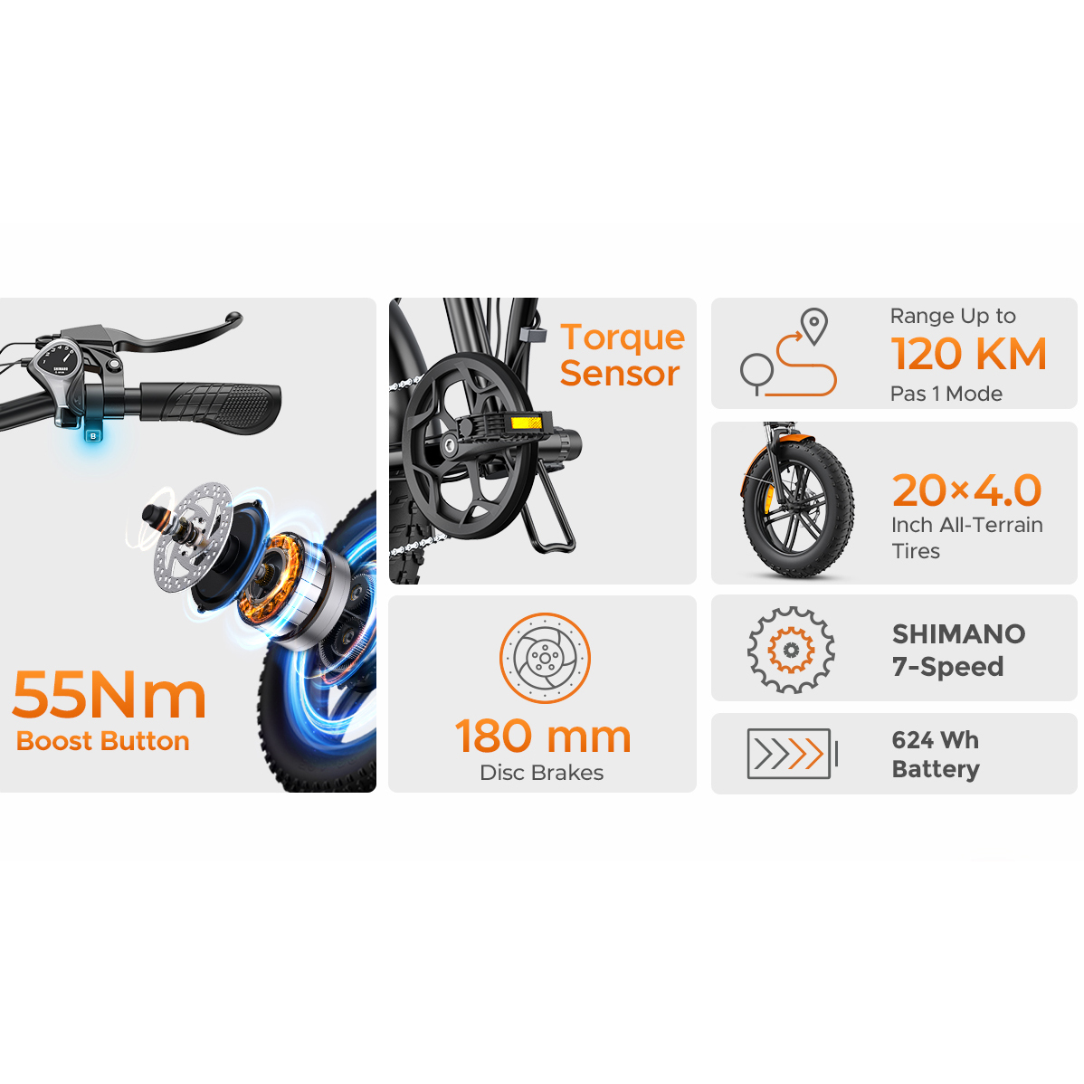 E-Bike Details: 55Nm Boost, Drehmomentsensor, 120km Reichweite, 20-Zoll-Reifen, 180mm Scheibenbremsen, Shimano 7-Gang.