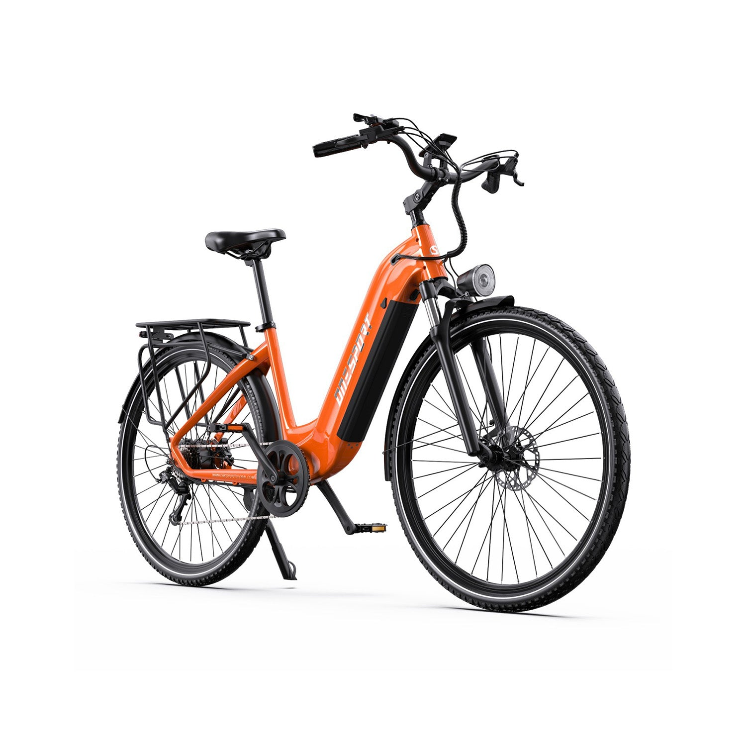 Orange E-Bike mit Gepäckträger, weißer Hintergrund.
