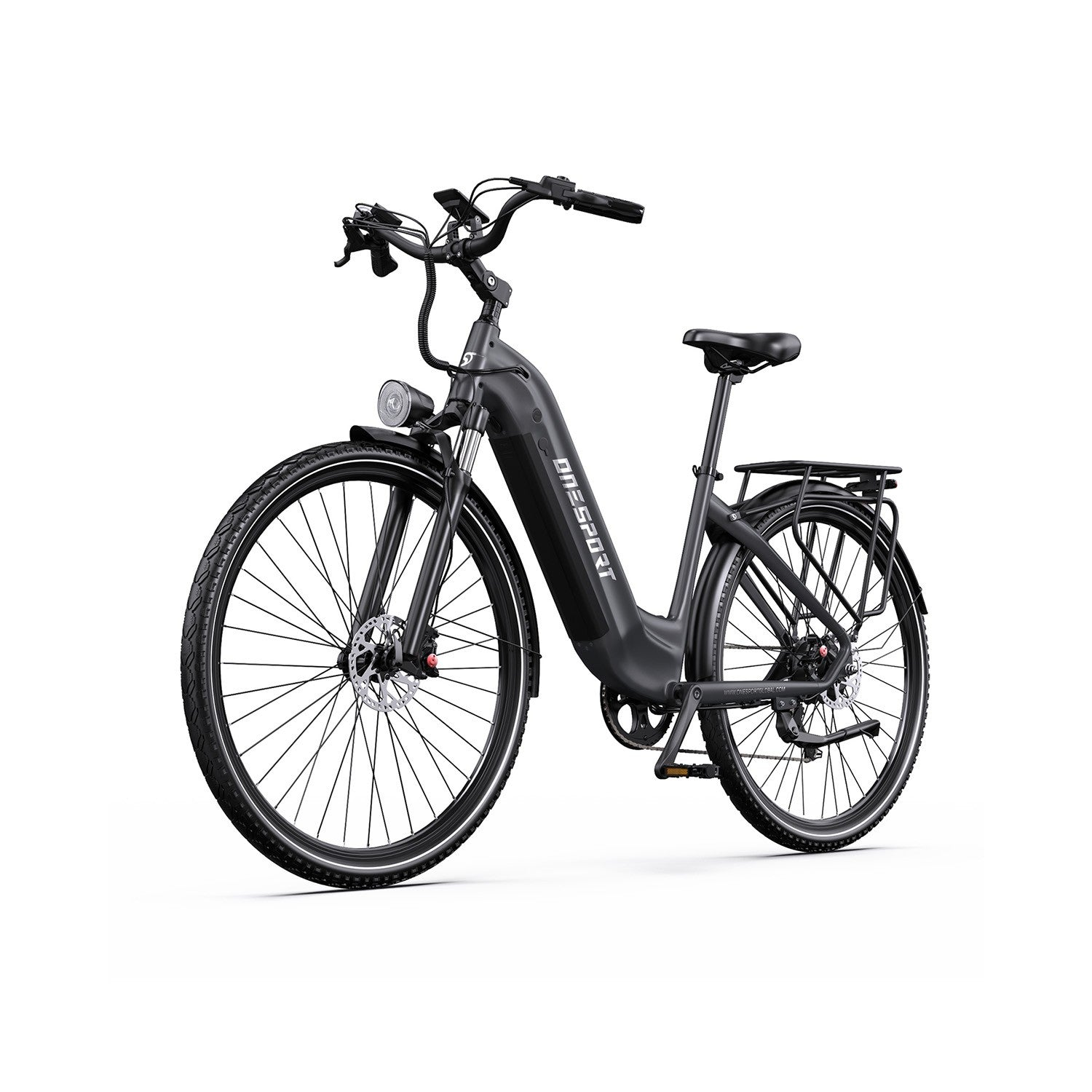 Ein dunkles graues E-Bike mit Gepäckträger und Lampe steht auf weißem Grund.