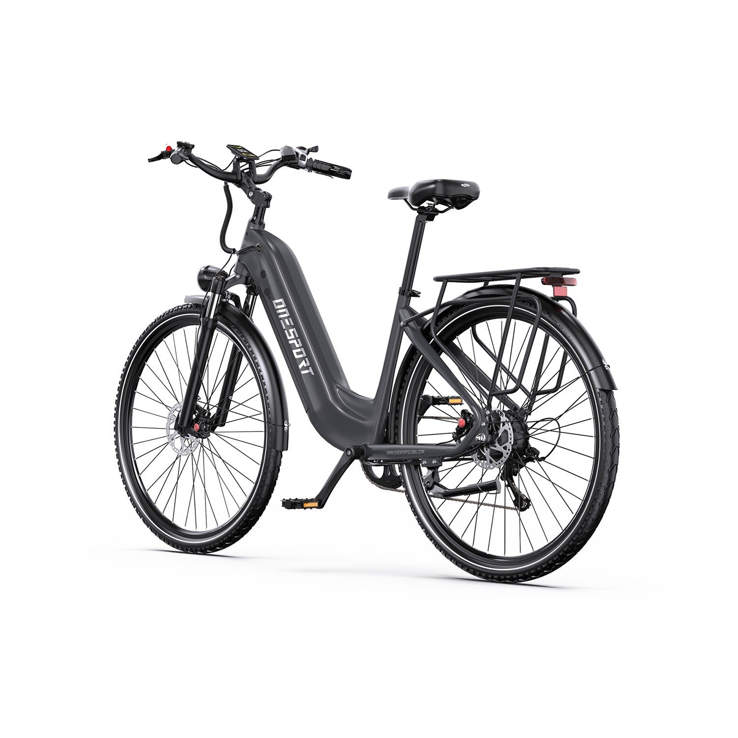 Ein dunkelgraues E-Bike mit Gepäckträger, Vorderrad-Scheibenbremse und breiten Reifen.