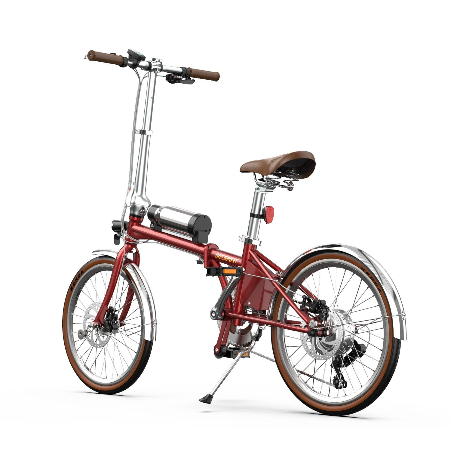 Ein rotes faltbares Elektrofahrrad mit braunen Griffen und Sitz, geparkt auf weißem Grund.