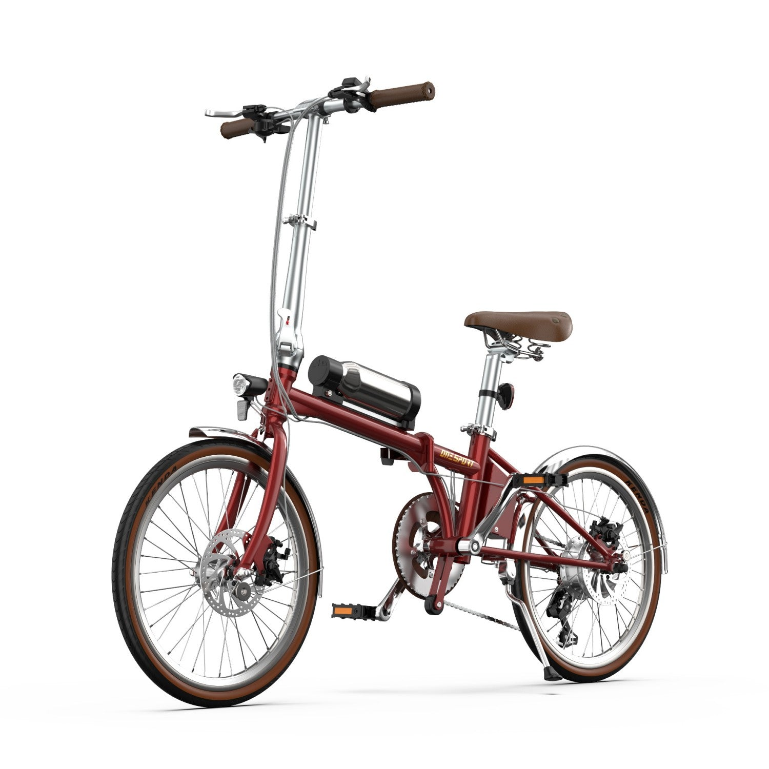 Ein rotes, faltbares Fahrrad mit braunem Sattel und Griffen, freigestellt auf weißem Hintergrund.