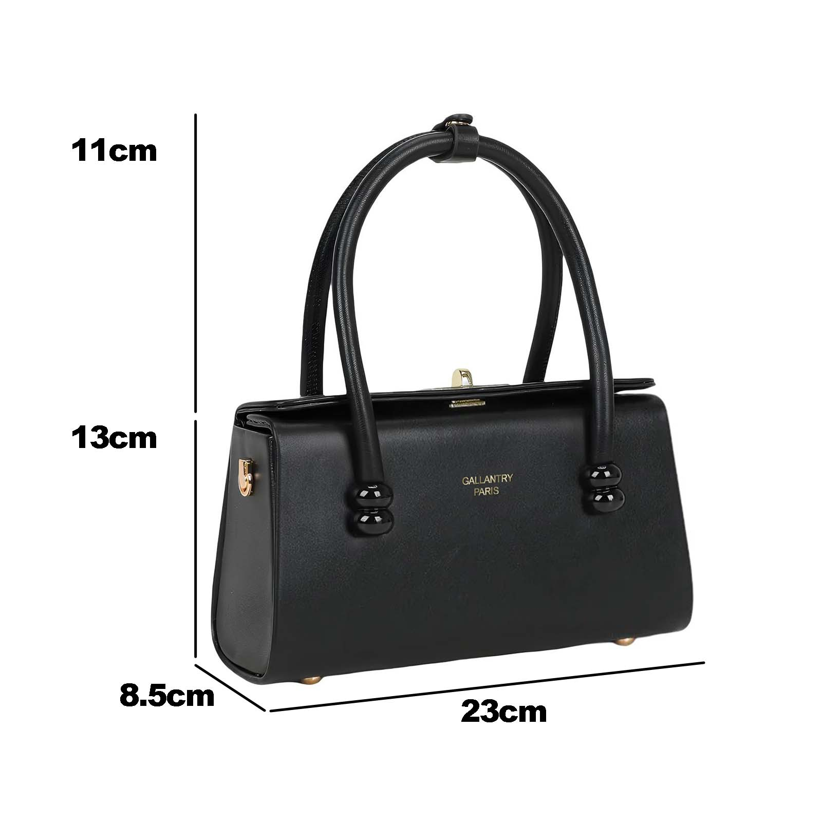 Bolso negro con asas y detalles dorados. Dimensiones: 23x13x8.5cm.