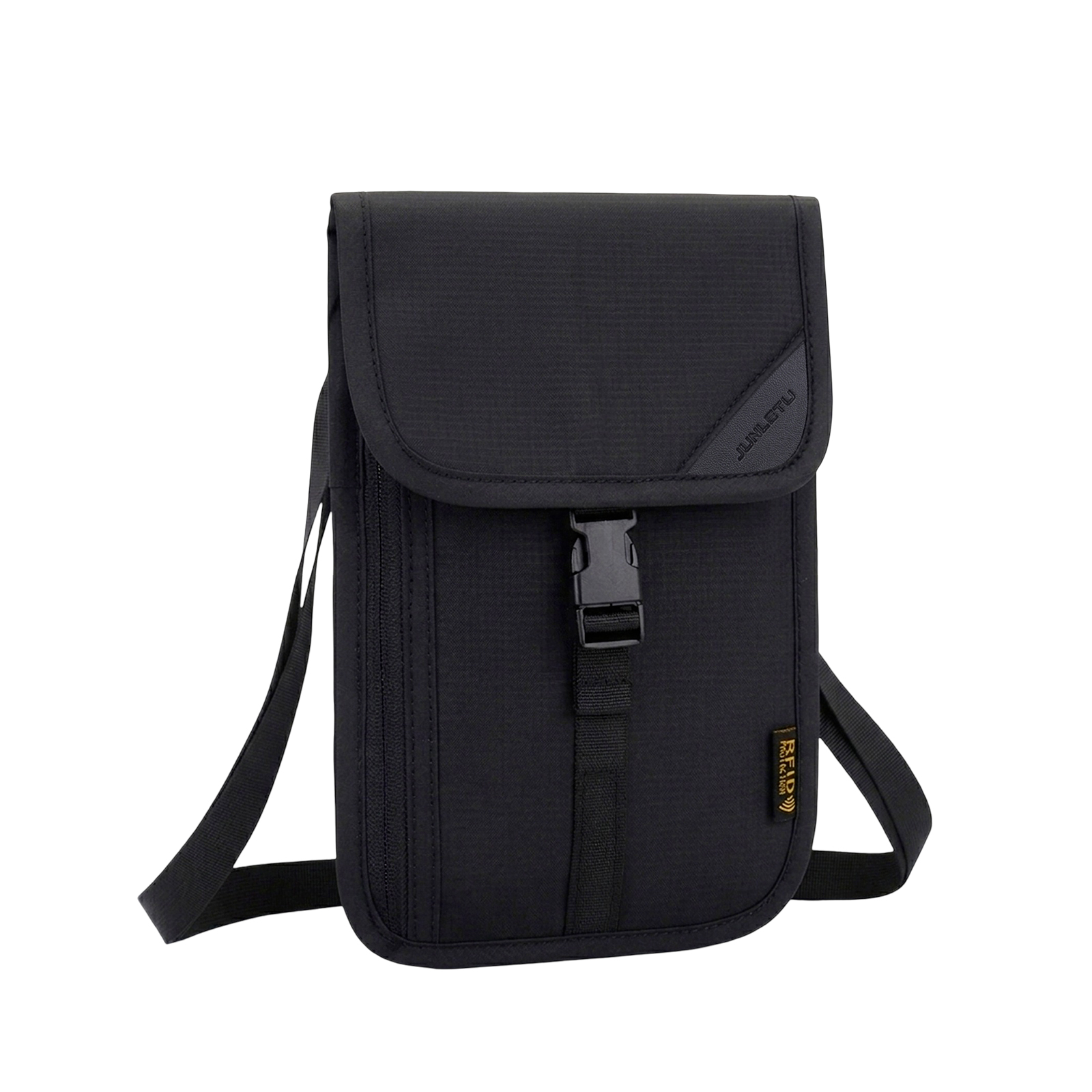 Bolso cruzado negro con cierre de hebilla y protección RFID.
