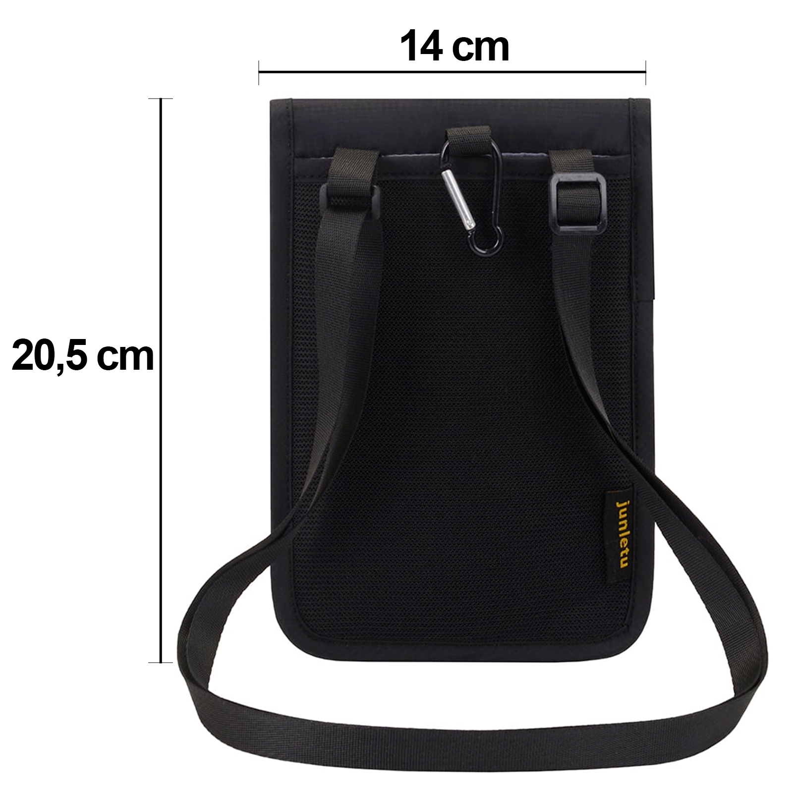 Bolso negro con correas, dimensiones 14x20,5 cm, con mosquetón y hebilla.
