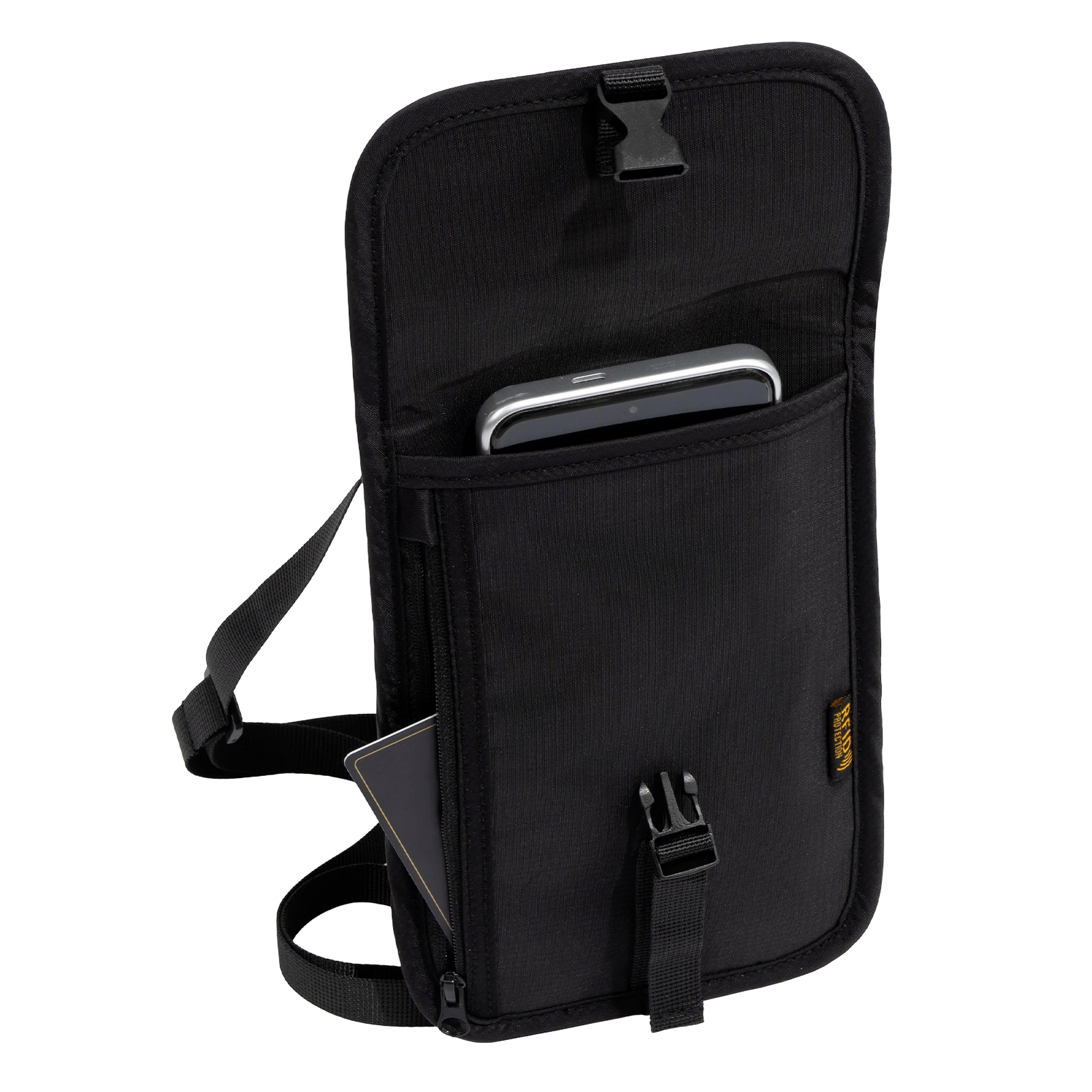 Bolsa negra de tela con bolsillos, con teléfono y tarjeta.