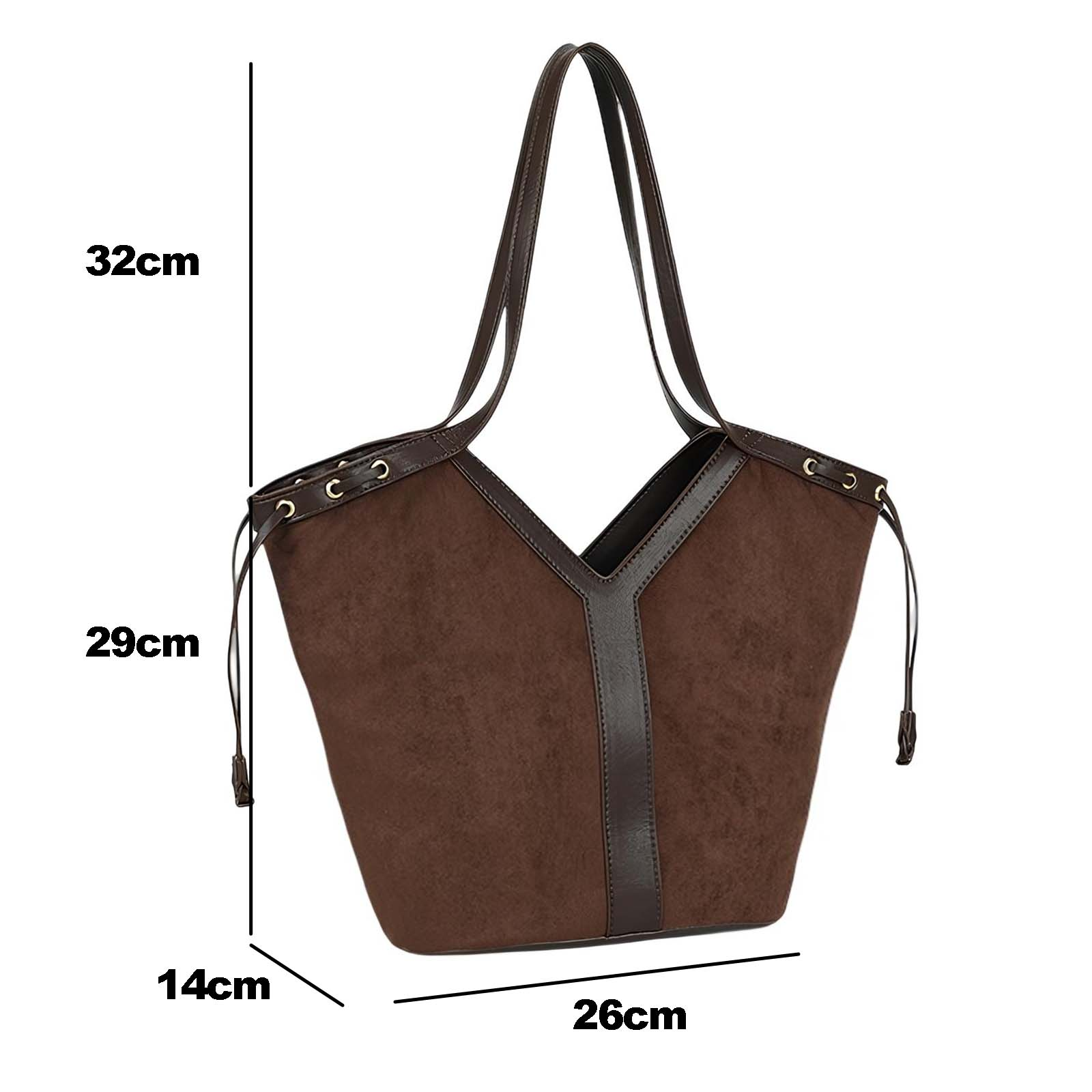 Bolso tote de gamuza marrón con ribete y asas de cuero. Dimensiones: 32x26x14cm.