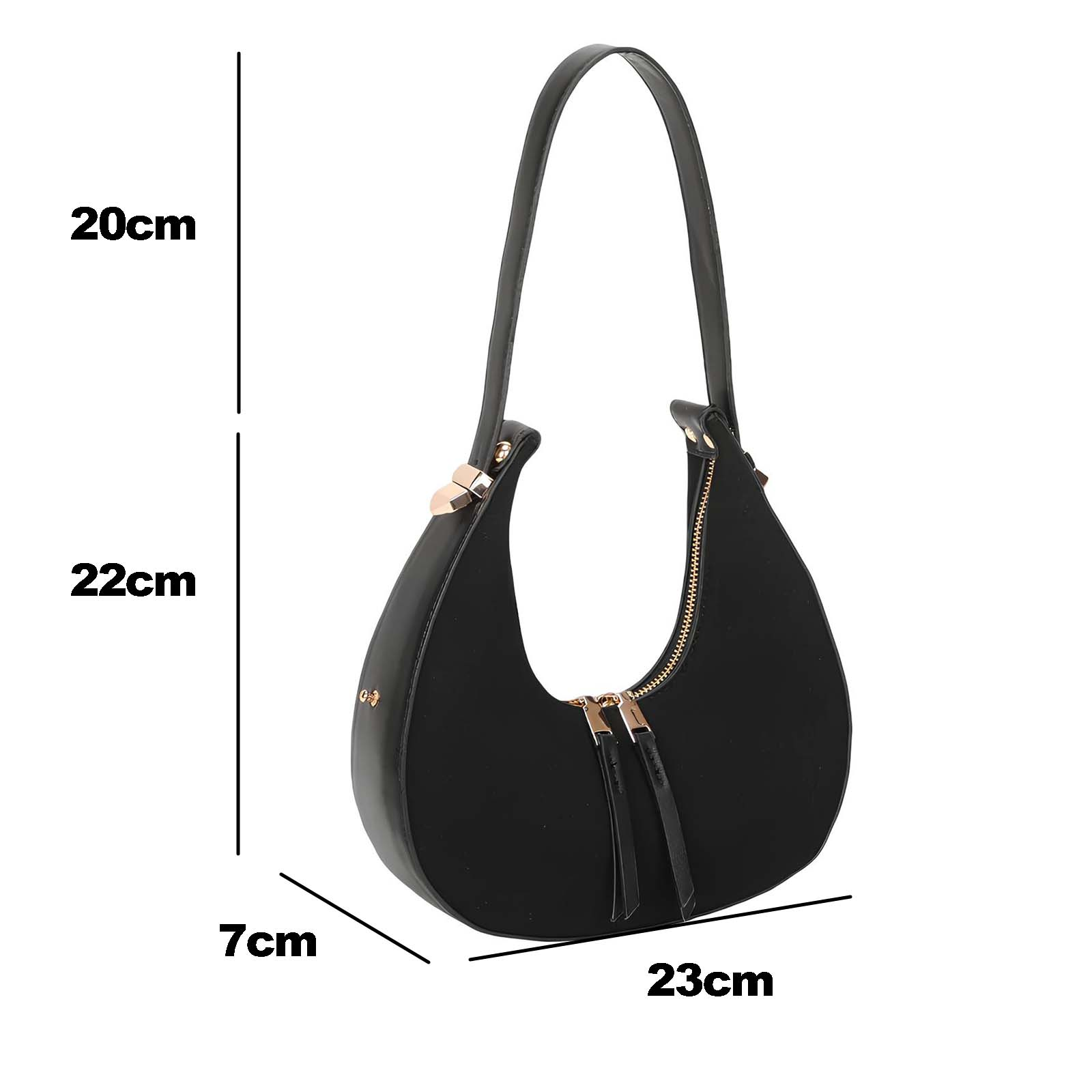 Bolso negro de hombro con cremalleras y correa doradas.